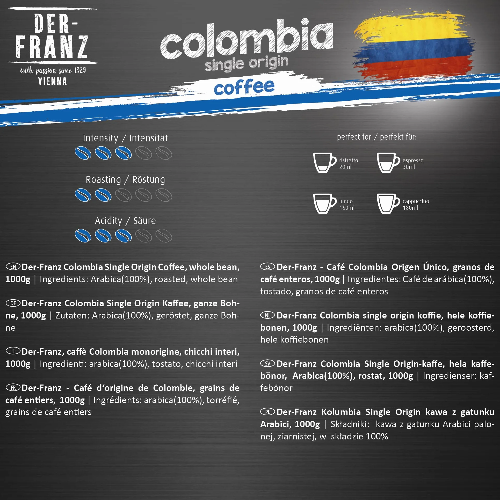 Der-Franz Columbia Single Origin Kawa, intensywność 3/5, 100% Arabica, całe ziarna, 1000 g
