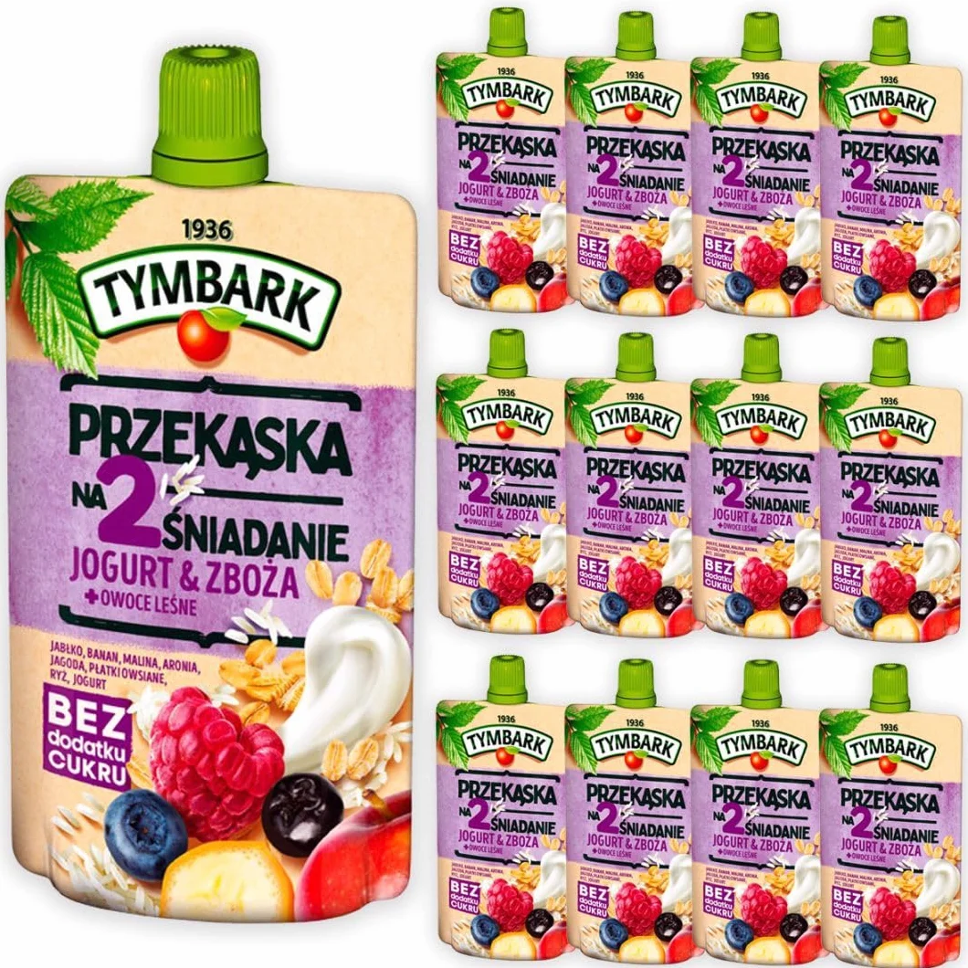 Tymbark Mus Owocowy z Jogurtem i Zbożami Jabłko-Banan-Malina-Aronia-Jagoda 12 x 100g