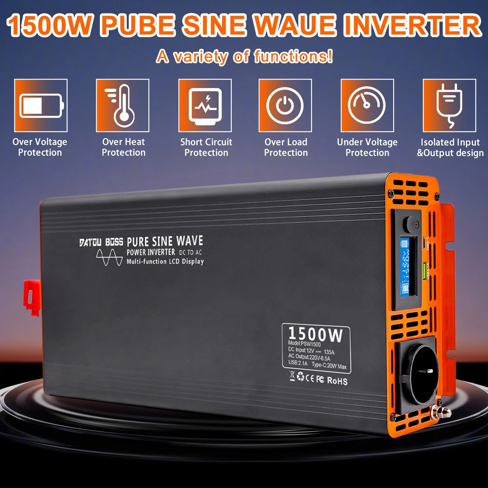DATOUBOSS Falownik Czysty Sinus 1500W DC 12V na AC 230V Przetwornica Napięcia, z ekranem LCD & Pilotem Zdalnego Sterowania USB & Type-c pilot &1 x Gniazda AC do Przyczep Kempingowych
