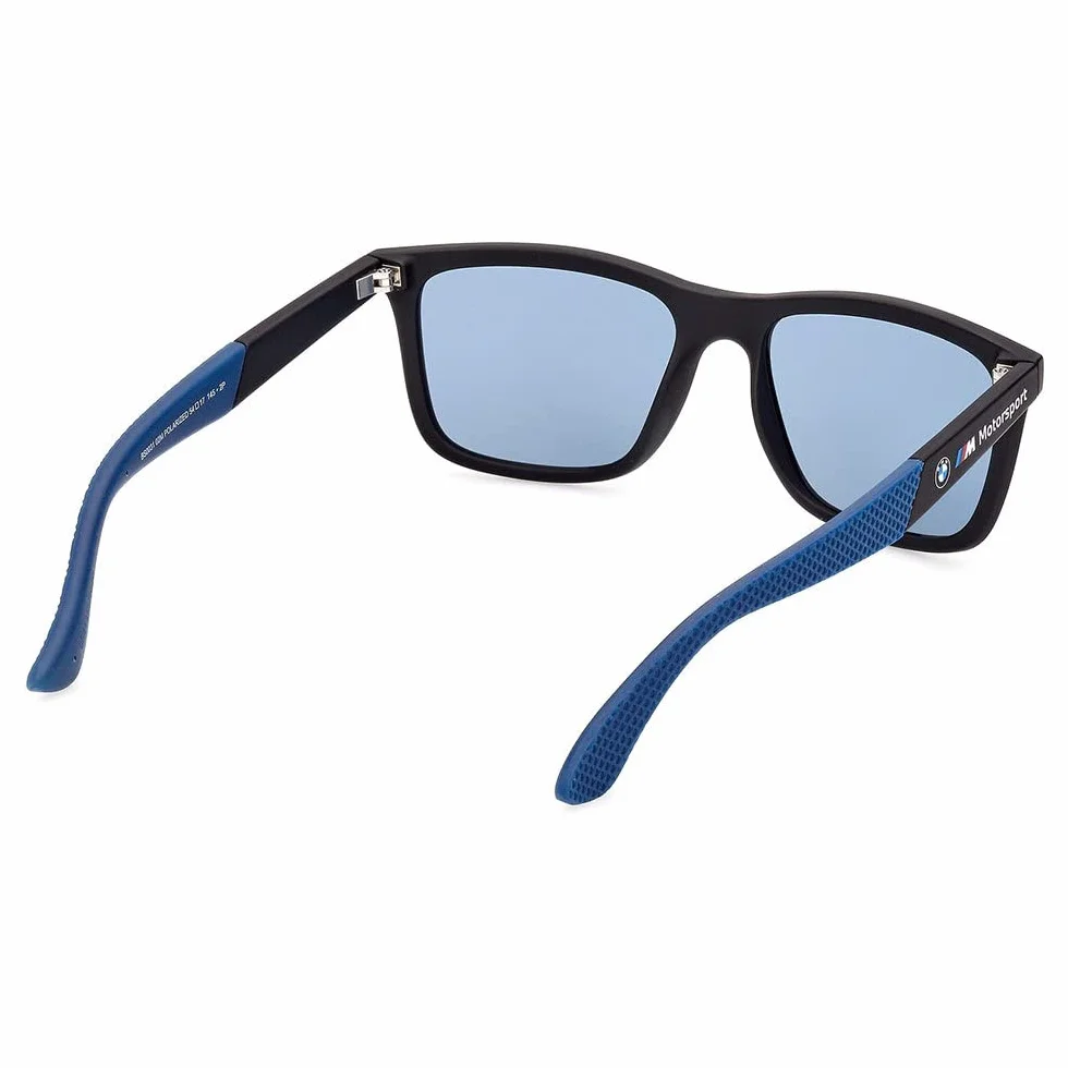 BWM M Motorsport BS0031 męskie okulary przeciwsłoneczne, lekkie okulary przeciwsłoneczne, prostokątne soczewki, niebieskie szkło polaryzacyjne, matowe czarne, czarny, 54