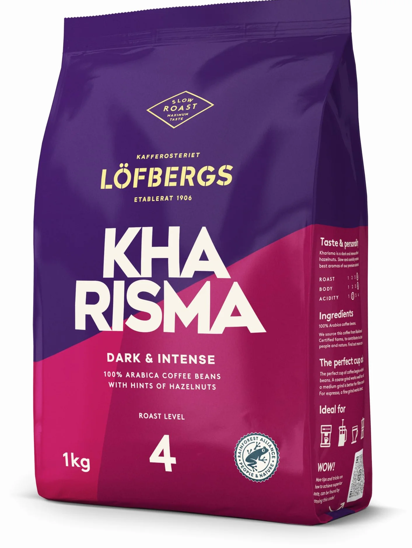 LÖFBERGS Kharisma, Kawa Ziarnista 100% Arabica, Ciemne Palenie, Intensywny Smak z Nutami Orzechów i Kakao, Certyfikat Rainforest Alliance, 1kg