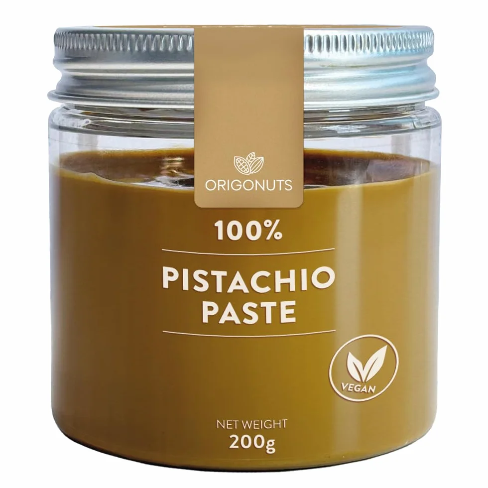 ORIGONUTS - Pasta Pistacjowa, Mus Pistacjowy - 100% pistacji, bez soli, cukru i barwników - do ciast, ciasteczek, tortów, kremów, deserów, lodów, czekolady Dubaiskiej, do pieczenia - 200g