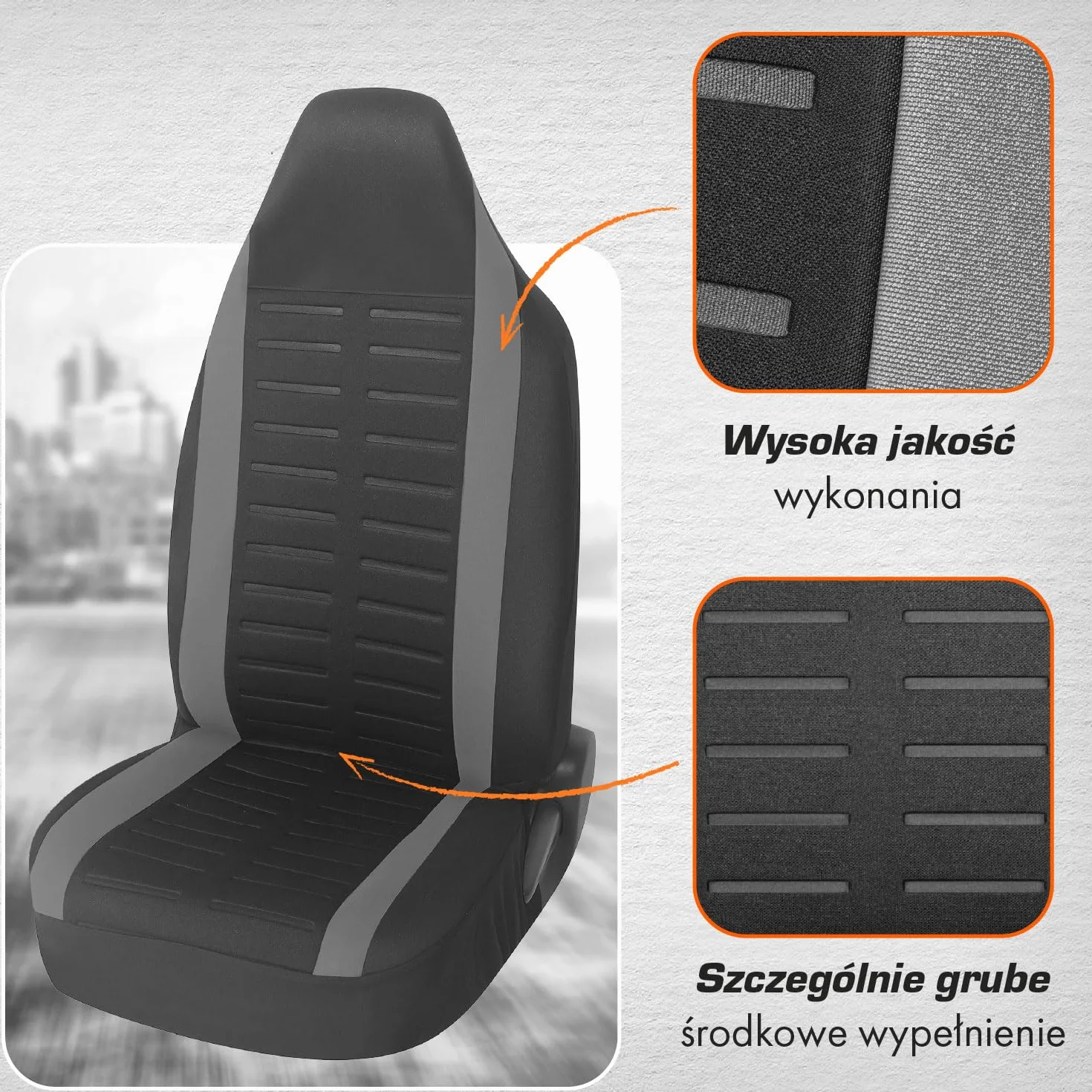 Upgrade4cars zestaw pokrowców na siedzenia samochodowe dla foteli pilota | Pokrowiec na przednie siedzenia w kolorze szarym | Pokrowce na siedzenia samochodowe uniwersalne z wbudowanym zagłówkiem |