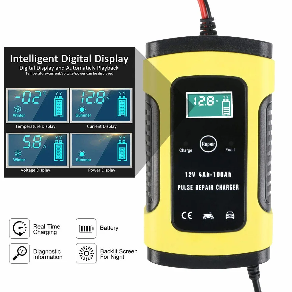 URAQT Ładowarka do akumulatora samochodowego, 6 A/12 V, w pełni automatyczna, inteligentna ładowarka podtrzymująca z wyświetlaczem LCD, odsiarczanie baterii z ochroną wielokrotną do samochodu, motocykla, łodzi (żółta)