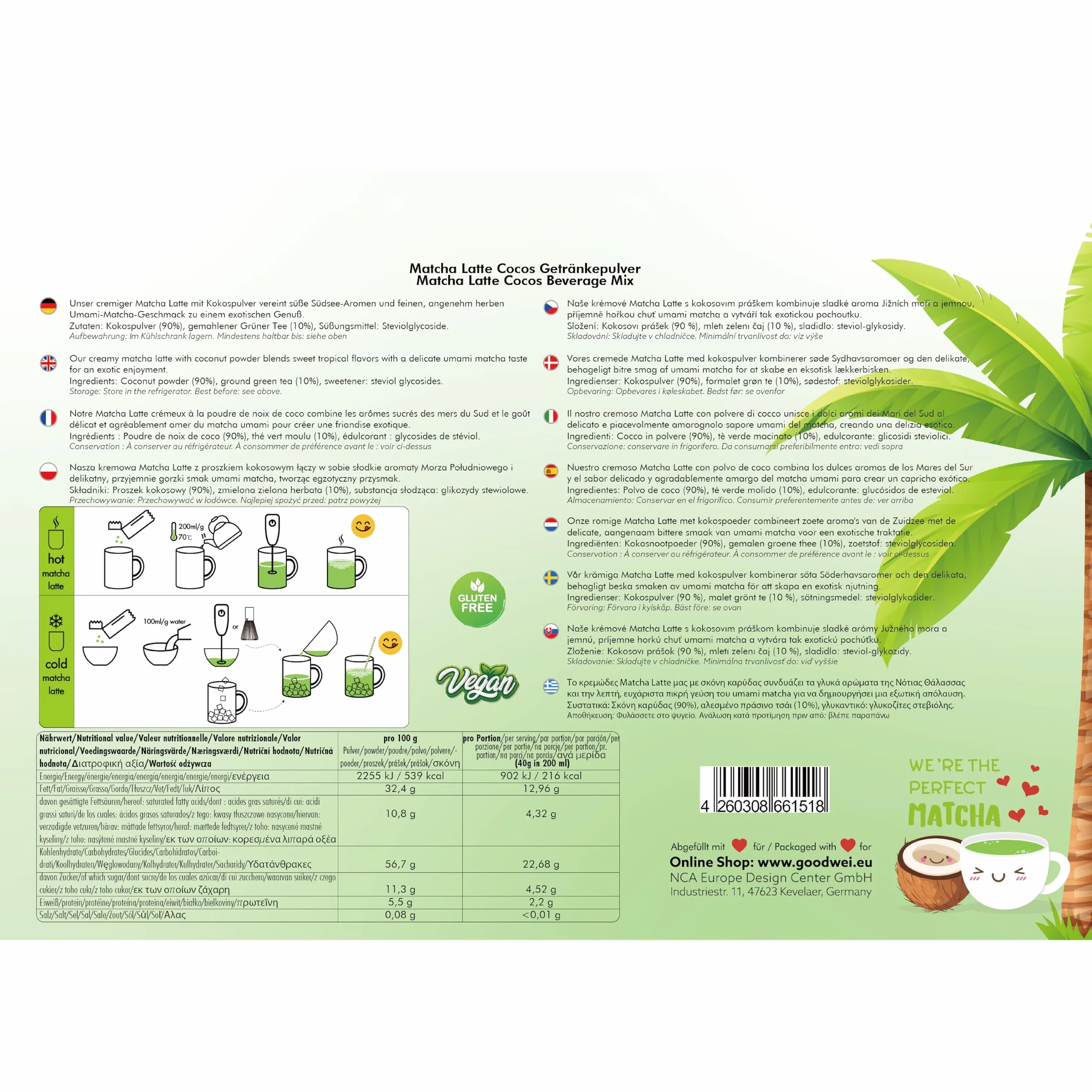 Matcha Cocos Latte Mix – Bez dodatku cukru | Matcha & Egzotyczny Kokos | Lekko słodzone stewią | Saszetki porcjowane 10x40g | Naturalne i kremowe latte (400g)
