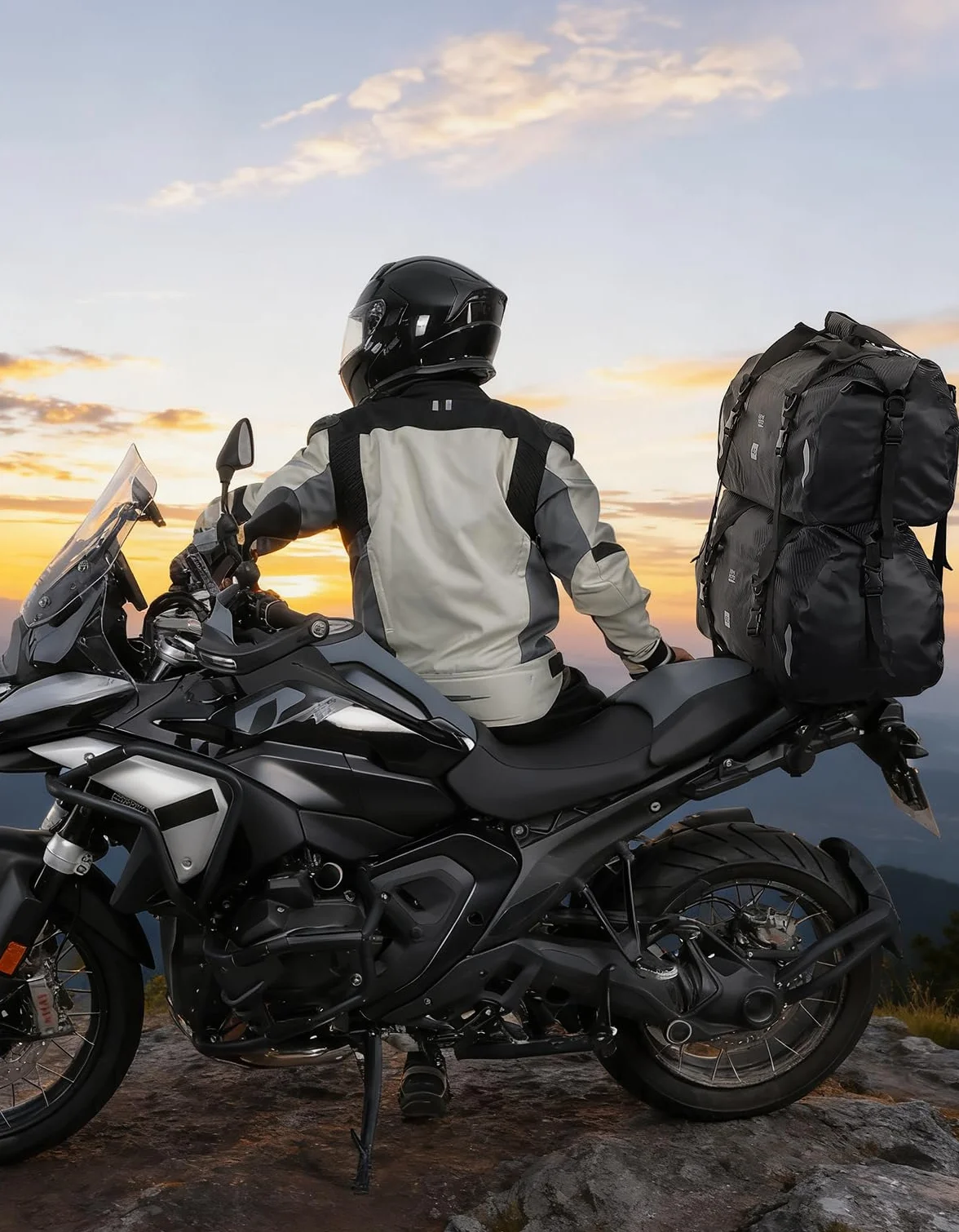 KEMIMOTO Torba motocyklowa, 40 l, wodoodporna tylna torba motocyklowa z paskiem na ramię, torba na siodełko motocyklowe z 4 pasami mocującymi do motocykli, jazdy na rowerze, kempingu, podróży