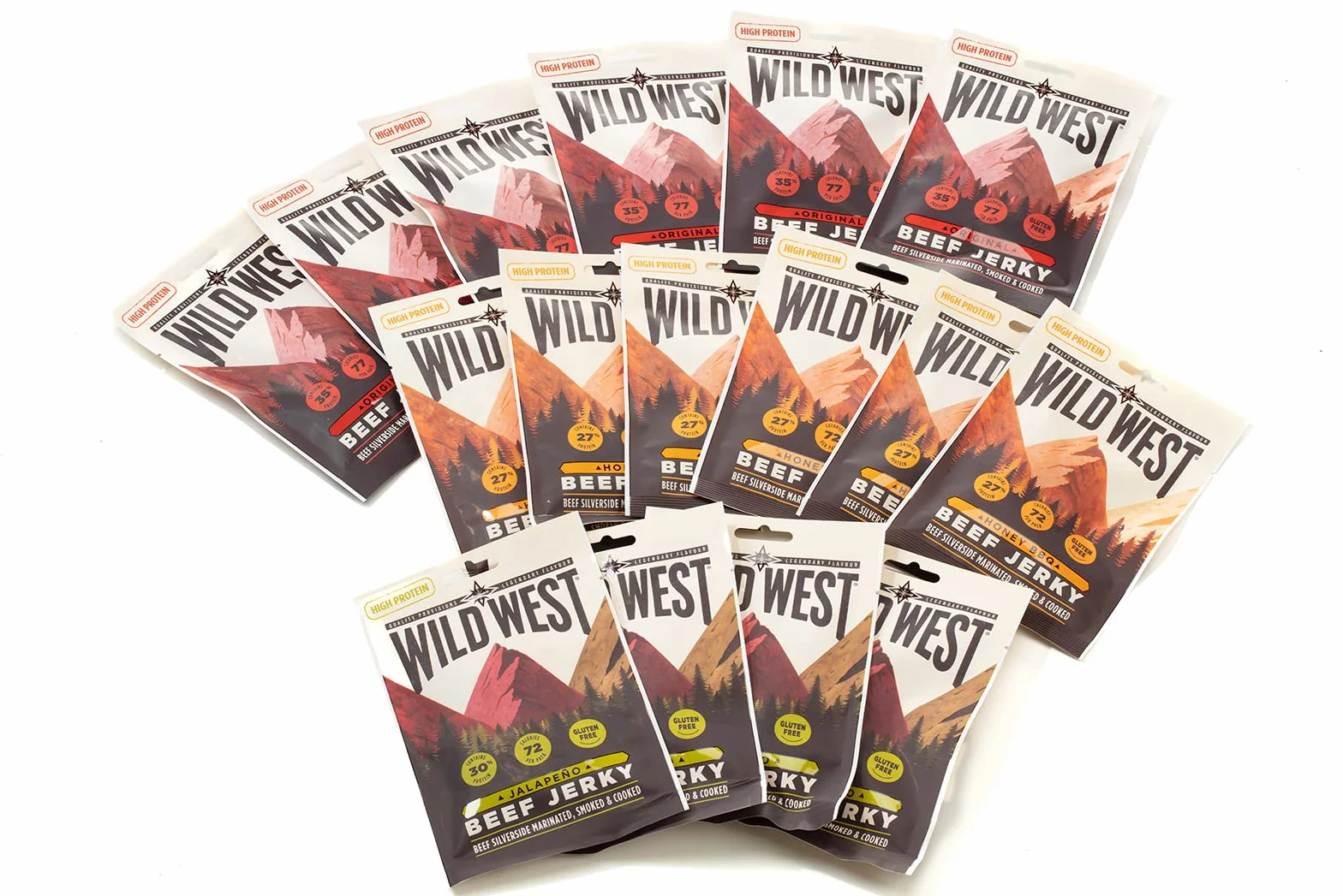 Wild West Beef Jerky, wysokobiałkowa suszona wołowina, przekąska proteinowa Beef Jerky, 16x25g Mix Box z suszoną wołowiną, 6x smak oryginaln, 6x BBQ z miodem, 4x jalapeno