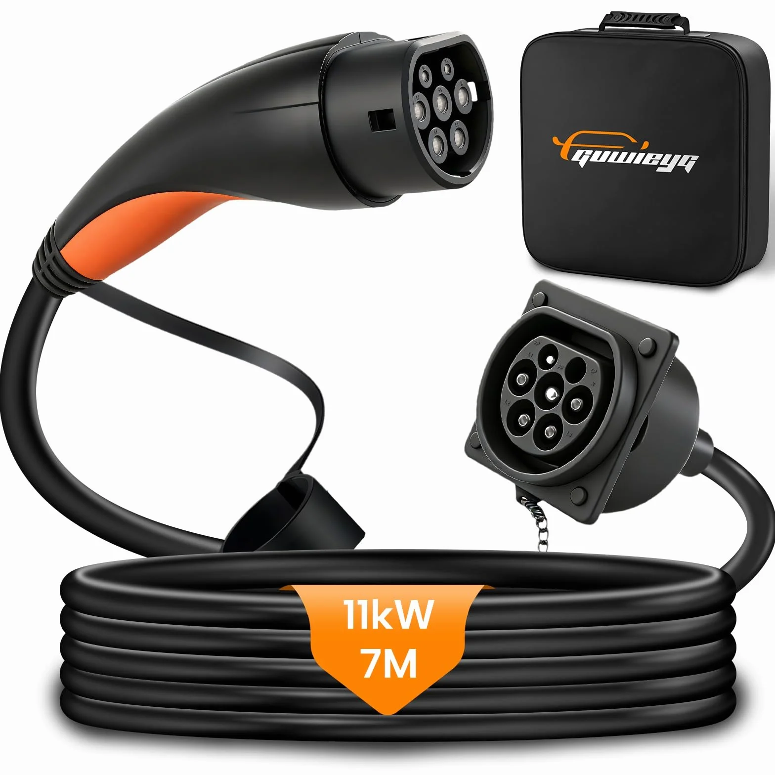 Typ 2 Przedłużacz Ładowarka Samochodowa Elektryczna, 11kW/ 16A/ Trójfazowa/7m | Dla pojazdów elektrycznych IEC62196, przedłużacz ładowarki z torbą transportową