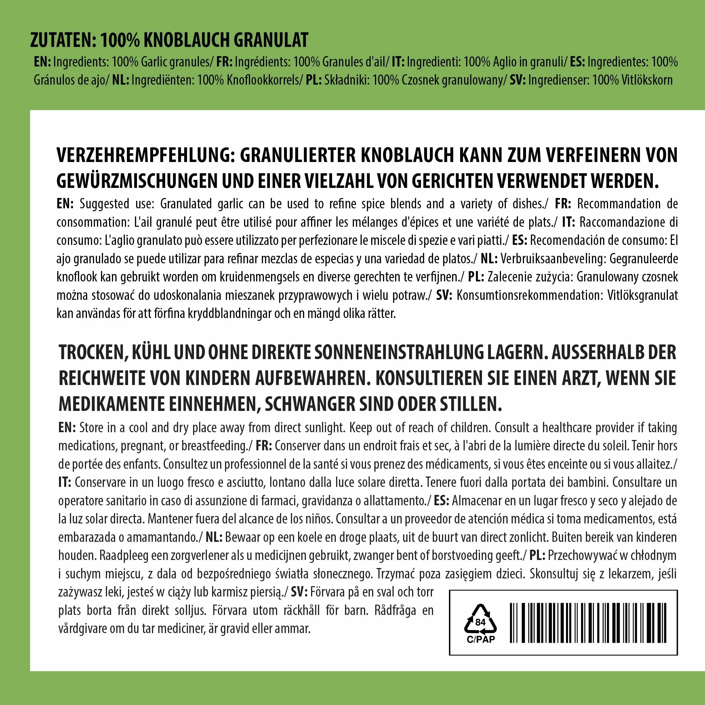 Granulowany czosnek (250 g), granulat czosnku, mielony czosnek, 100% naturalny z delikatnie wysuszonego czosnku, naturalny, bez dodatków, wegański