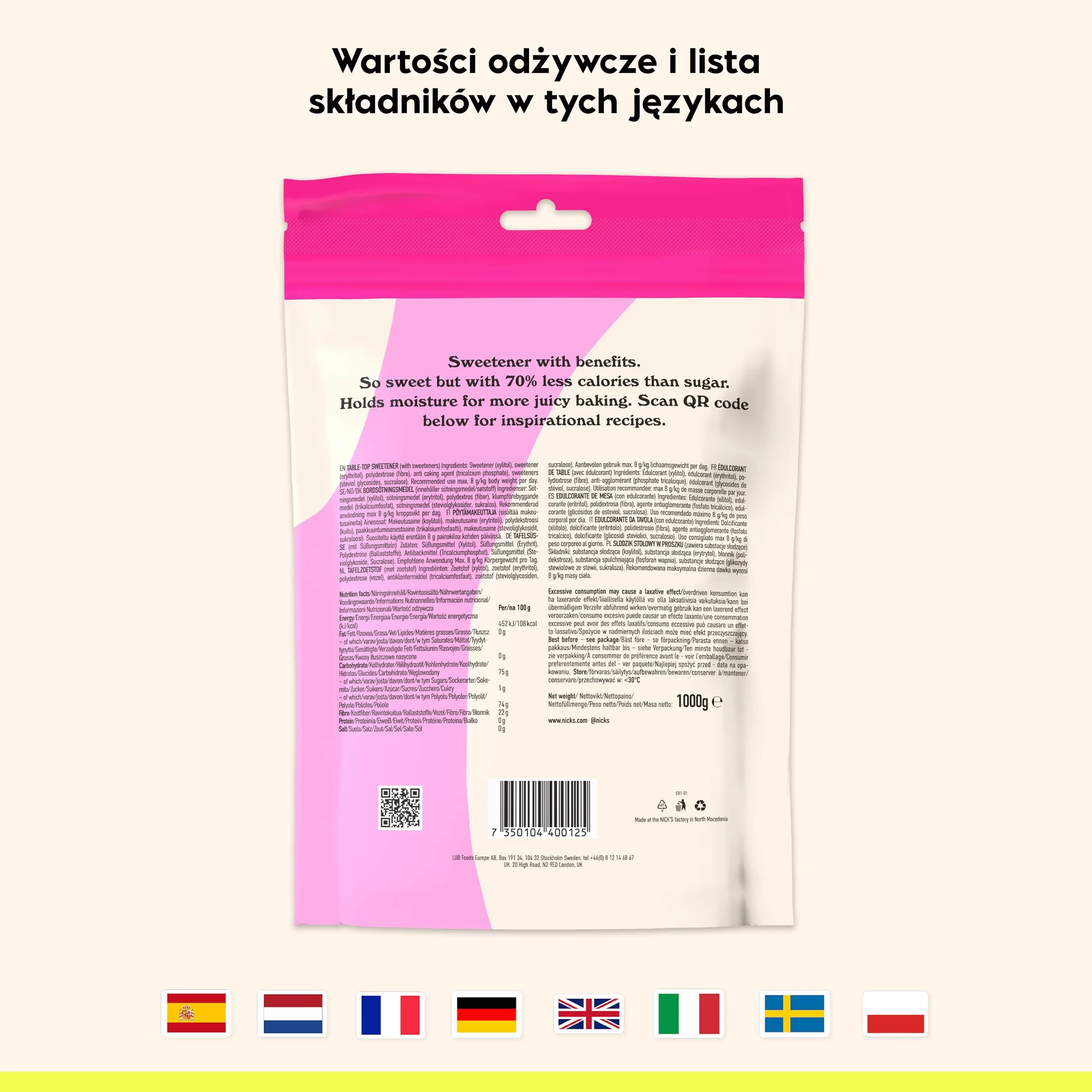 NICKS Use like sugar, idealna substancja słodząca do pieczenia mieszanka ksylitolu, erytrytolu, stewii i polidekstrozy, 1 do 1 niskokaloryczny zamiennik cukru, 1 kg