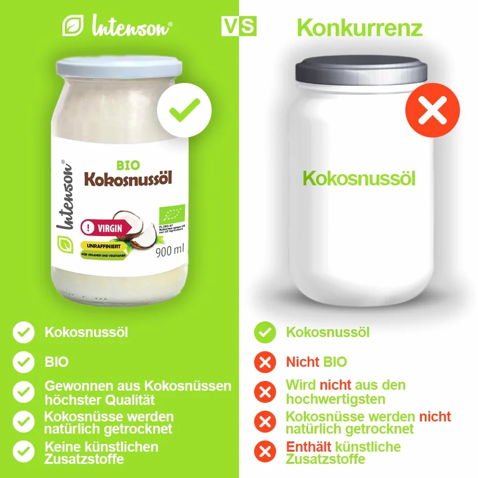 Intenson Organiczny Olej Kokosowy z pierwszego tłoczenia 900 ml Tłoczony na zimno Nierafinowany Wegański
