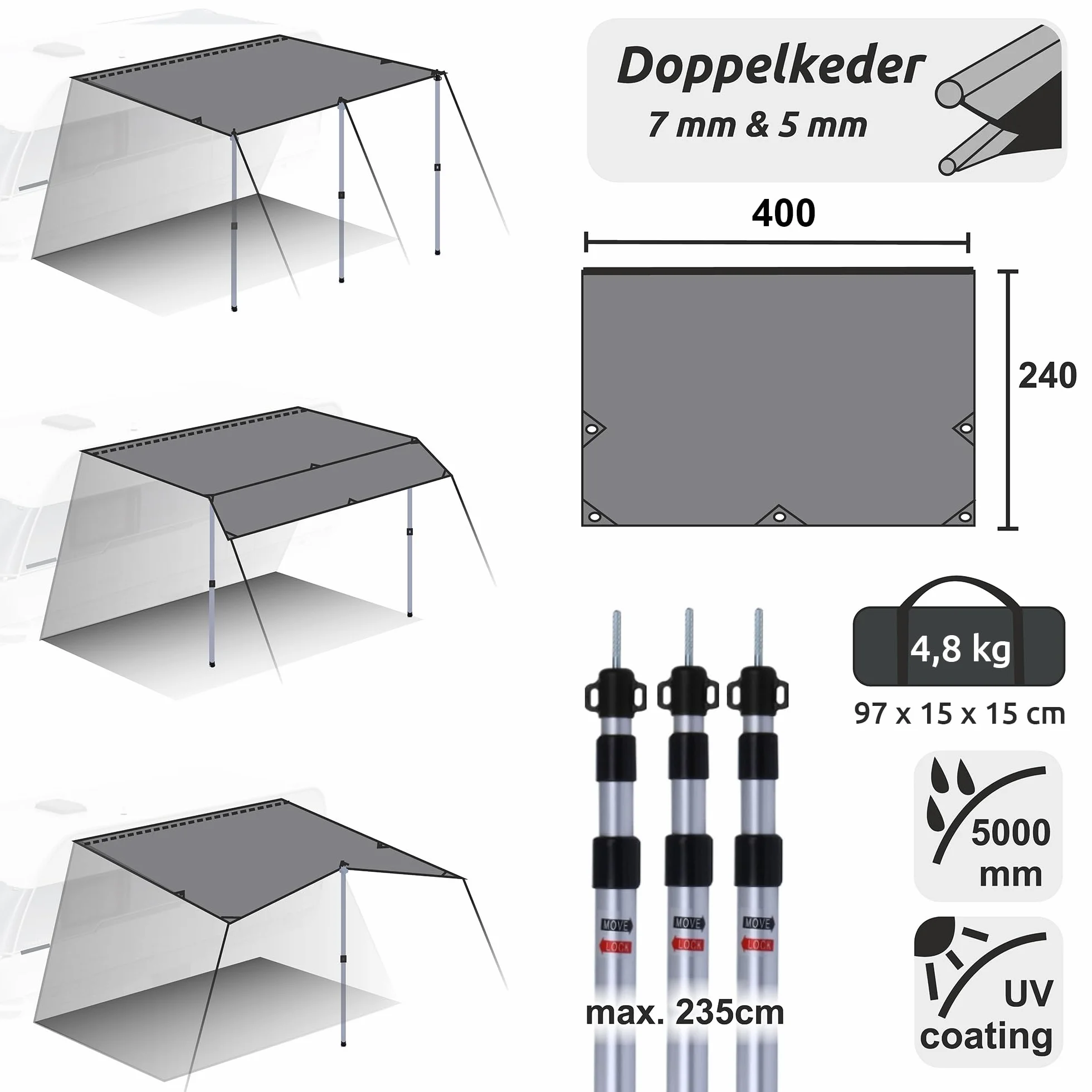 your GEAR Caravan Cotton Tarp TC 400 x 240 – dach przeciwsłoneczny do przyczepy kempingowej wraz z drążkami do ustawiania, bawełniany żagiel przeciwsłoneczny
