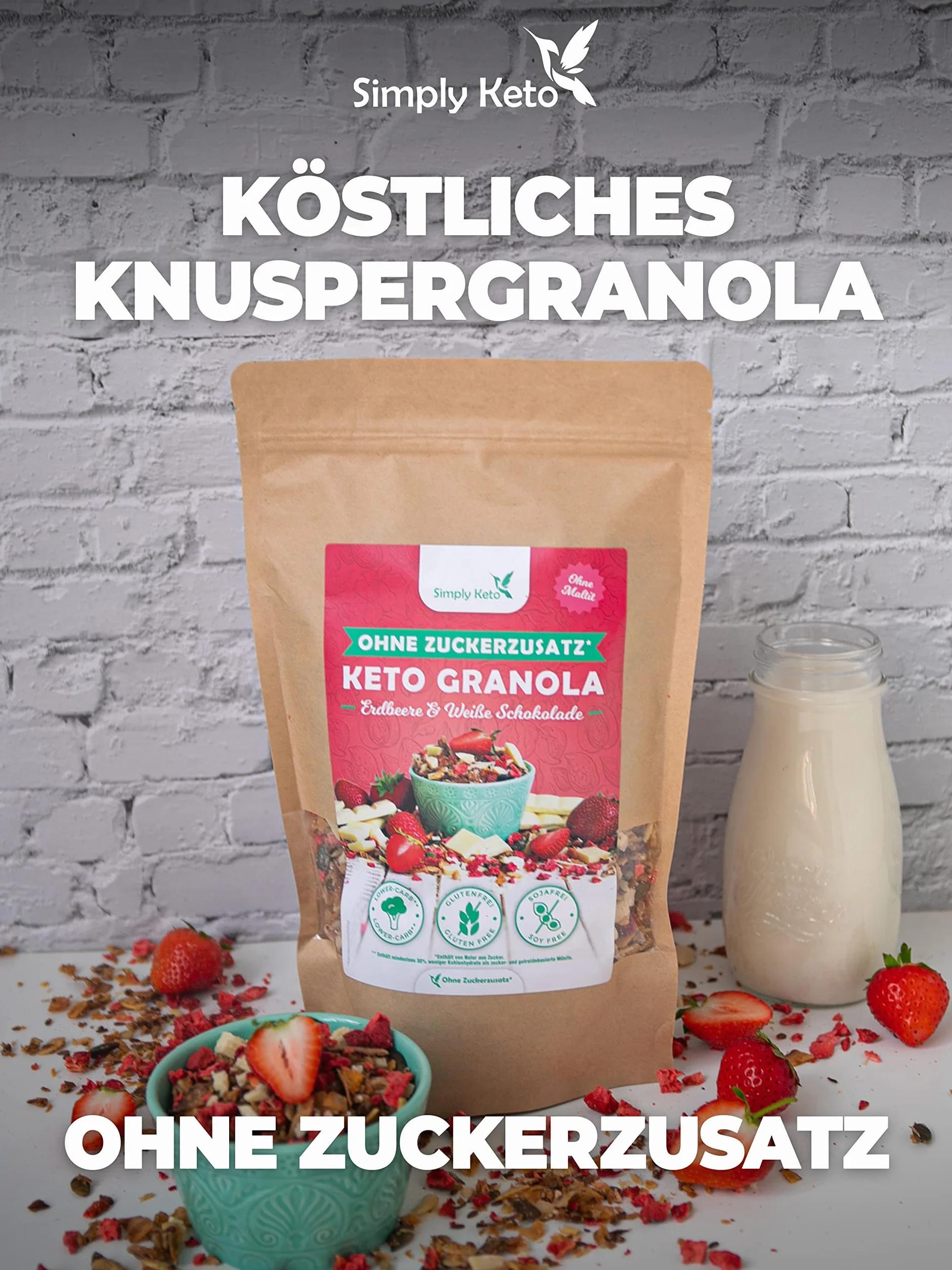 Simply Keto Niski poziom węglowodanów Erdbeer Knusper Granola z białą czekoladą bez dodatku cukru 250g
