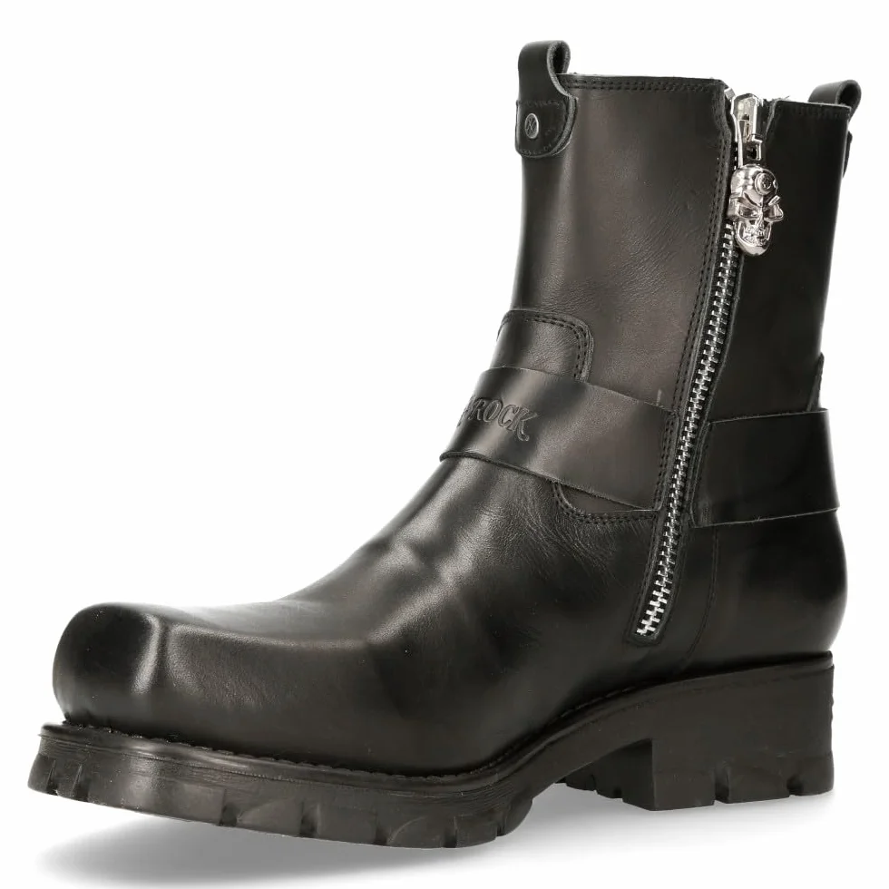 New Rock Buty motocyklowe, uniseks, zamek błyskawiczny, kolor czarny, skóra, uniseks, czarne buty motocyklowe, zamek błyskawiczny M.7605C-C1