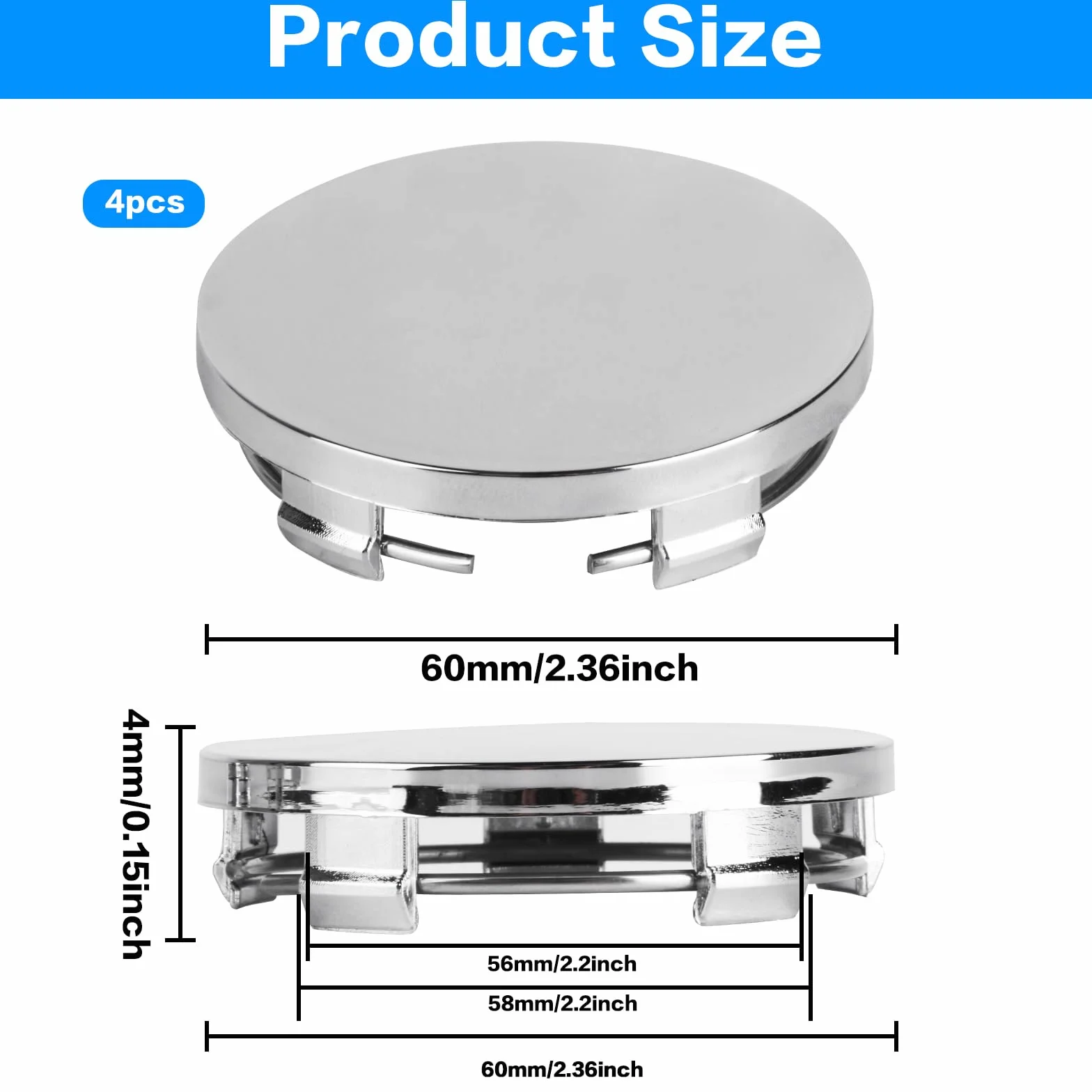 4 sztuki kołpaków 60 mm, uniwersalne nakładki na piasty kół, kołpaki do felg, ABS, srebrne, kompatybilne z VW Audi, akcesoria samochodowe (OD 60 mm, ID 56 mm)