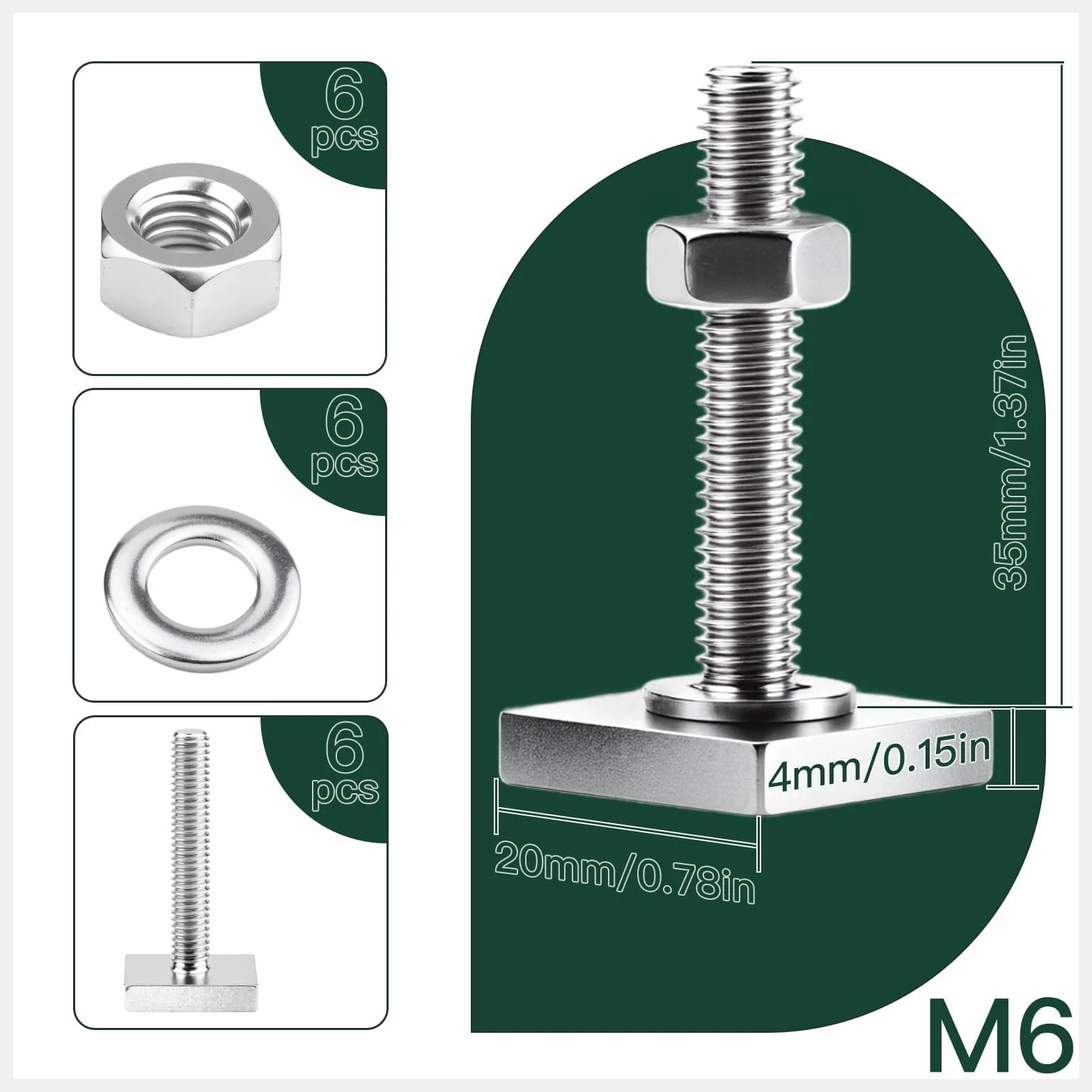 SWTYExt 6 sztuk adapterów w kształcie litery T, M6 x 35 mm, kompatybilne z bagażnikiem dachowym Thule M6, ze stali nierdzewnej, z nakrętkami, podkładki do bagażnika rowerowego, bagażnika dachowego 20
