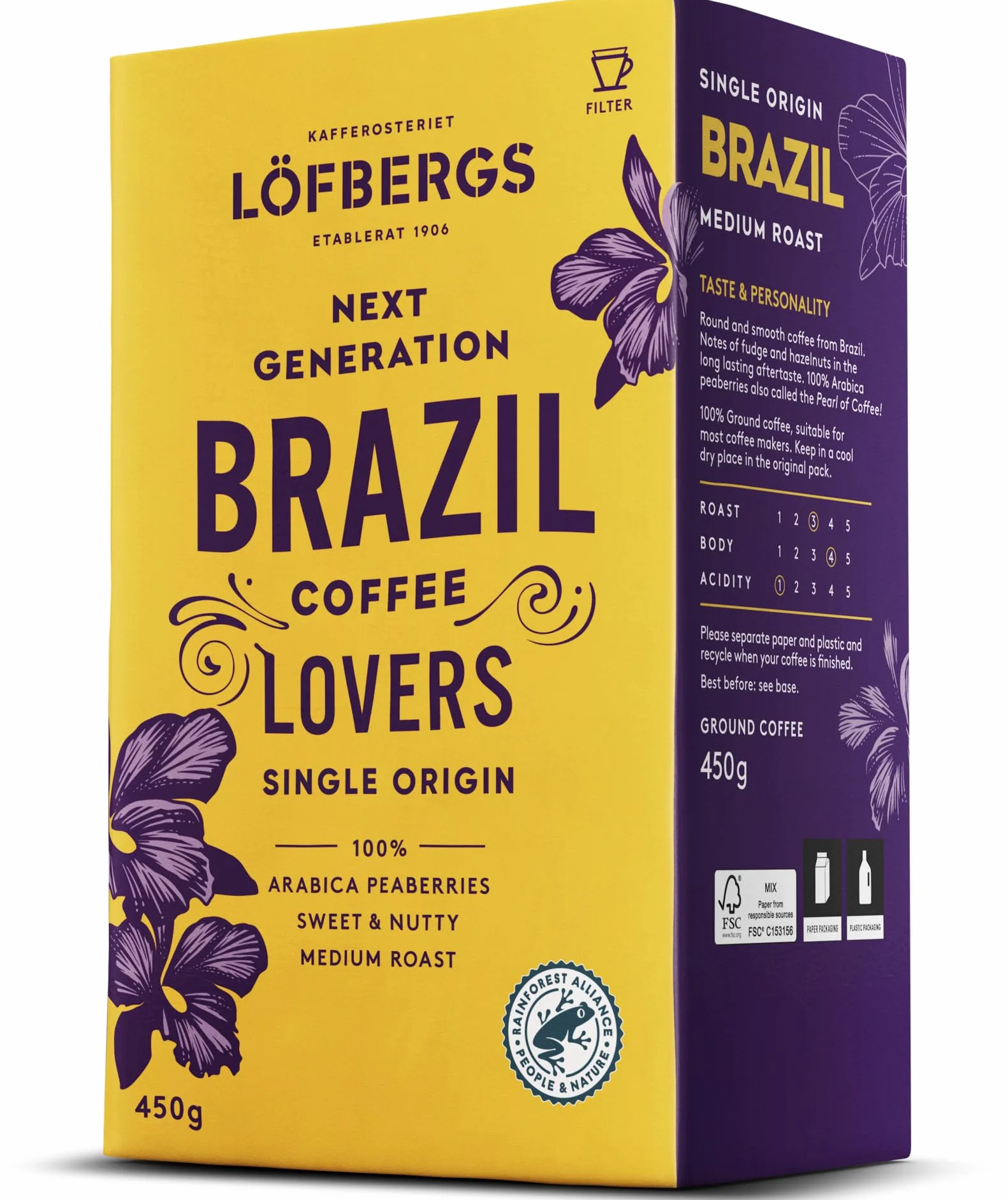 Löfbergs Brazil Coffee Lovers, Kawa Mielona Arabica, Średnio Palona, Nuty Czekolady i Orzechów, 450g