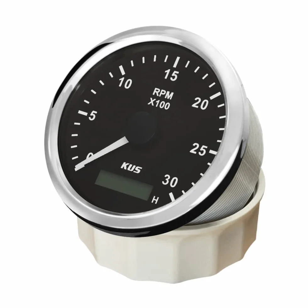 KUS Wasserdichte Drehzahlmesser Drehzahlmesser z Betriebsstundenzähler 3000RPM 85 mm 12 V/24 V Mit Hintergrundbeleuchtung (Czarny)