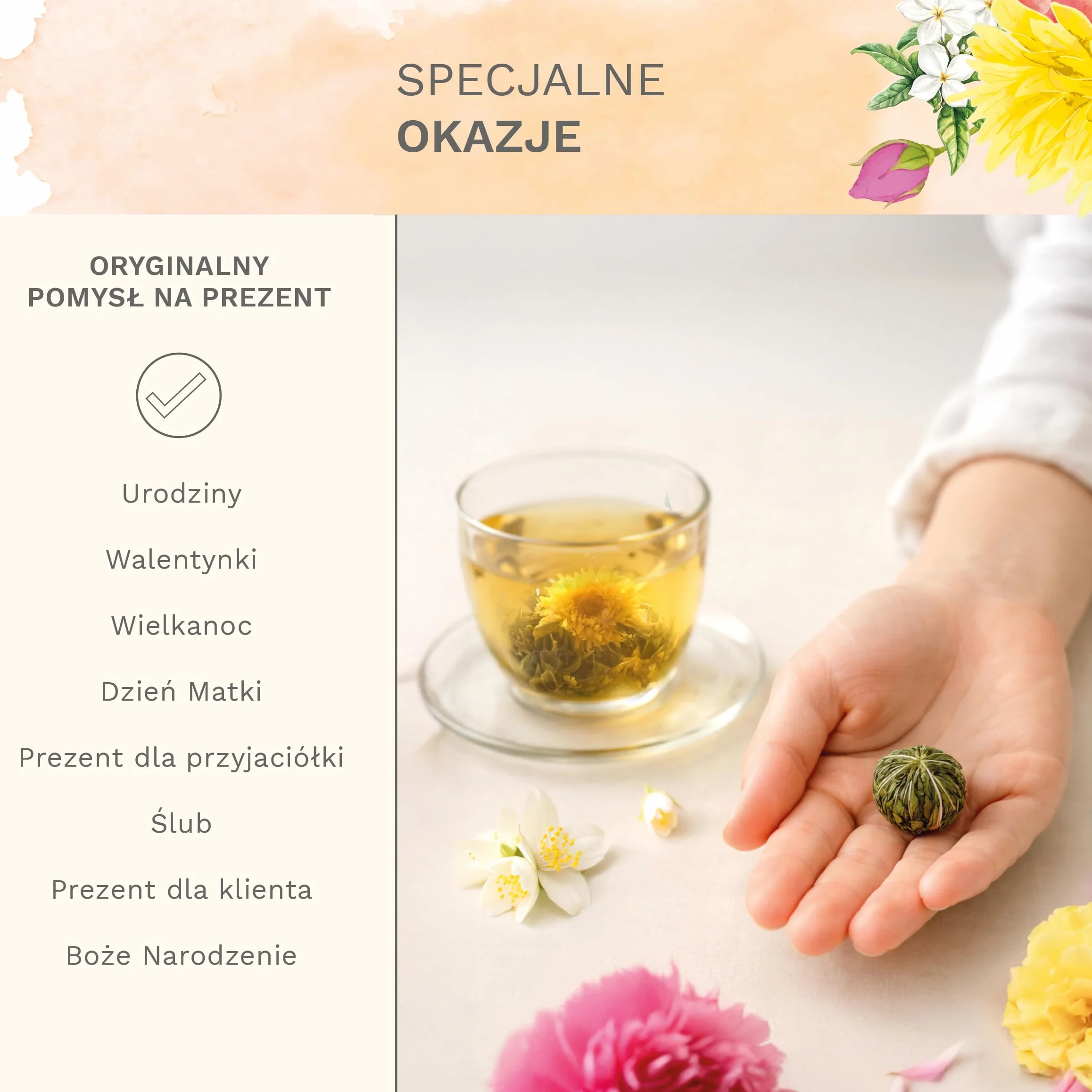 Creano zestaw prezentowy herbata kwitnąca Spring Harvest 500 ml szklany dzbanek 6 białych herbat