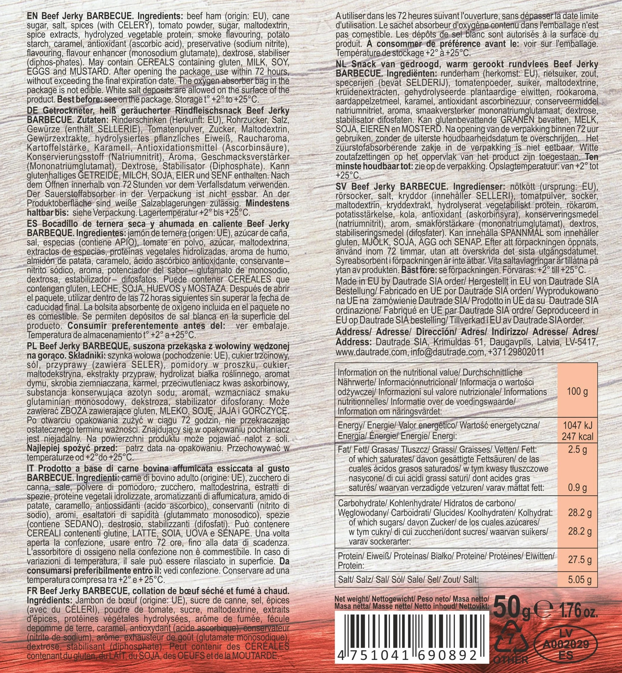 Viking Bites Beef Jerky Mixed box - 400 g (8 x 50 g) – mieszanka suszonej wołowiny, pudełko - 2x Oryginalna, 2x Jalapeno, 2x Barbecue, 2x Teriyaki – Przekąska mięsna o wysokiej zawartości białka