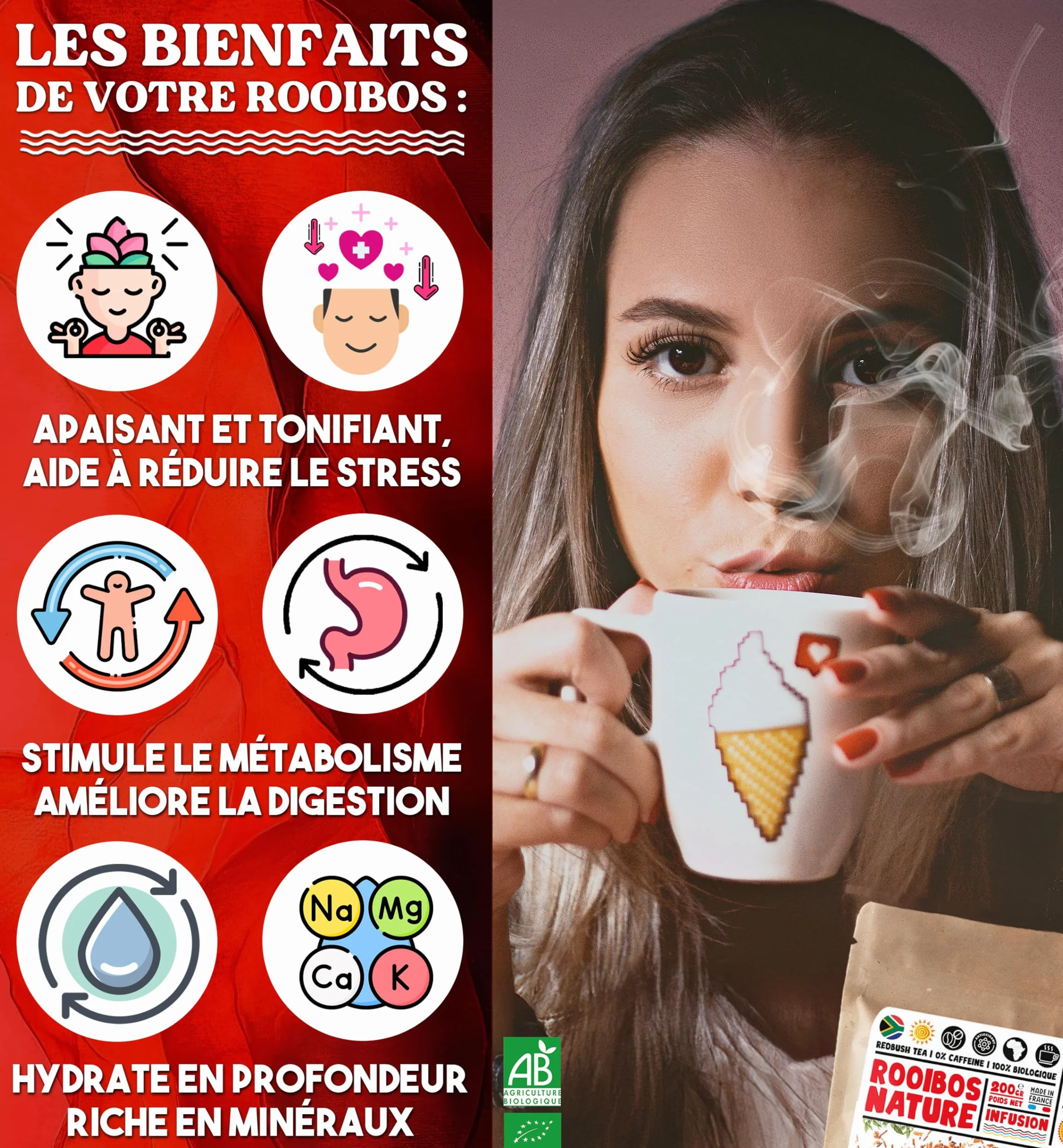 Nabür - Rooibos Rouge BIO 1kg | Thé Rouge Antioxydant | Sans Théine/Caféine | Doux, Relaxant, Riche (1000gr)