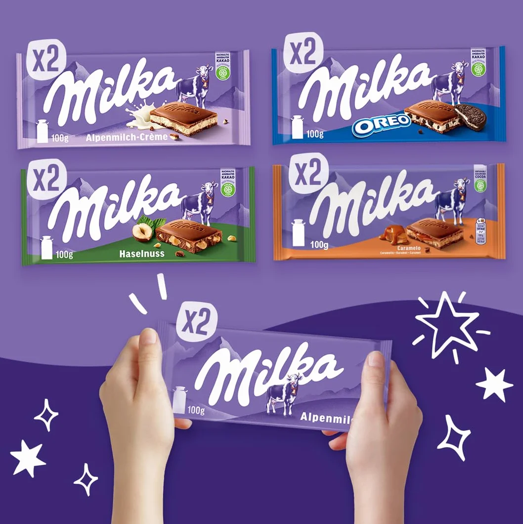 Milka Selection Box 1 kg I 10 Schokoladentafeln á 100g I 5 verschiedene Milka Sorten I inkl. Alpenmilch, Alpenmilchcréme, Haselnuss, Karamell, OREO I Tafelschokolade Geschenkbox I Schokoladen Geschenk
