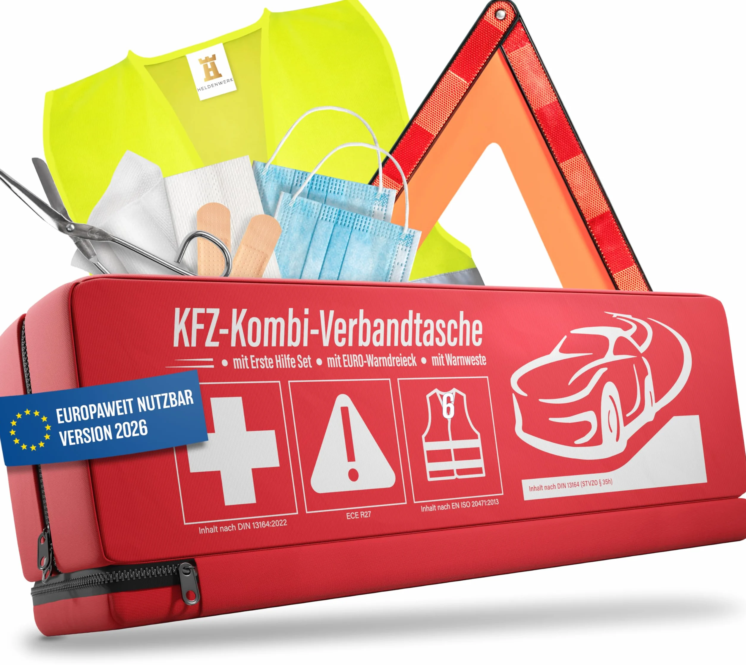 HELDENWERK Zestaw pierwszej pomocy kombi (3 w 1) zgodnie z aktualną normą 2026 – W zestawie trójkąt ostrzegawczy, kamizelka odblaskowa – Zestaw pierwszej pomocy, trójkąt ostrzegawczy, apteczka