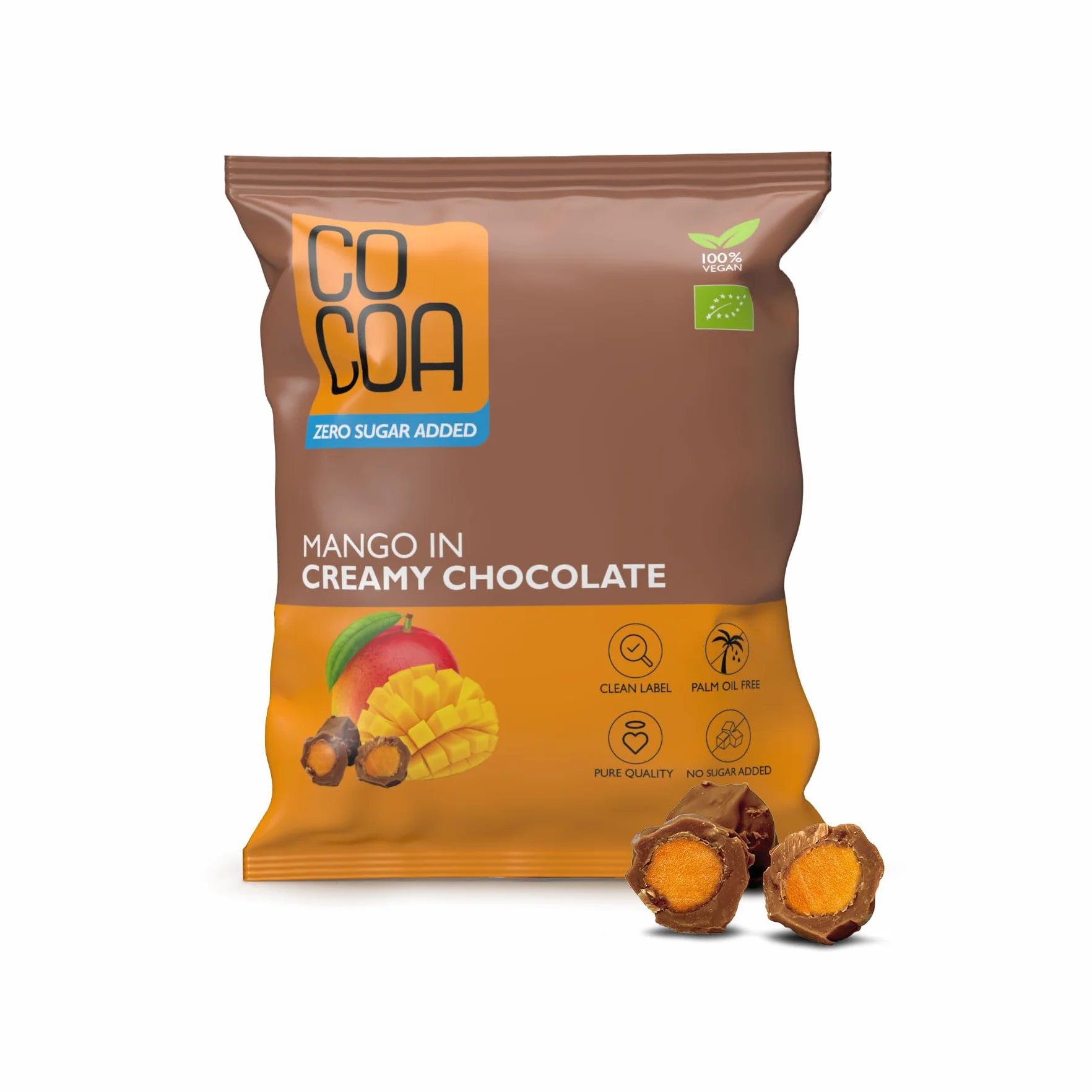 CO COA Mango w kremowej czekoladzie BIO 70g – Bezcukrowe słodycze dla wegan, gorąca czekolada z prebiotykami, czekolada bez cukru, bez laktozy, GMO i oleju palmowego – Wegańska BIO przekąska