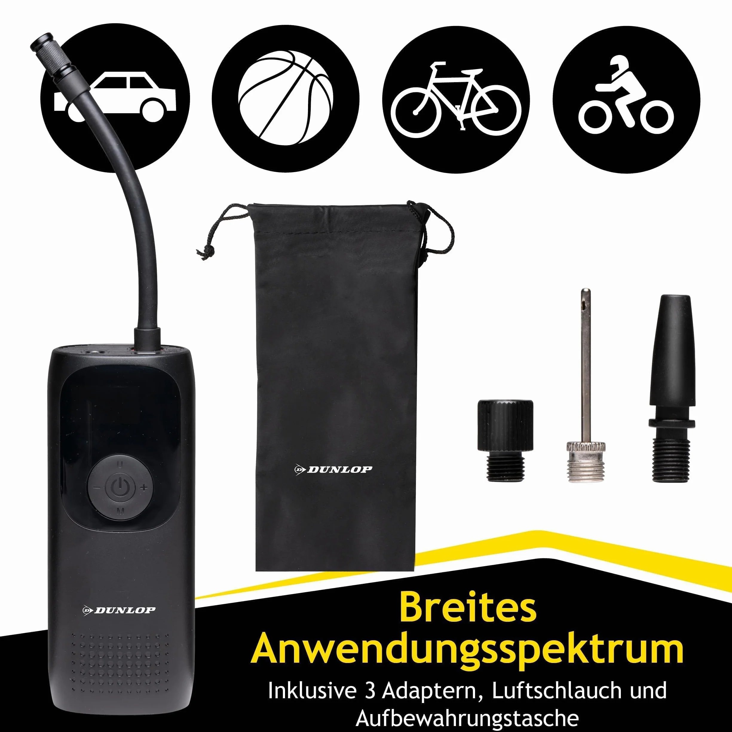 Dunlop Przenośna sprężarka powietrza 150 PSI - Bezprzewodowa pompka do opon z portem USB-C - Pompa rowerowa do wszystkich wentyli - Pompka do piłek - Sprężarka 10 bar z manometrem - Czarny