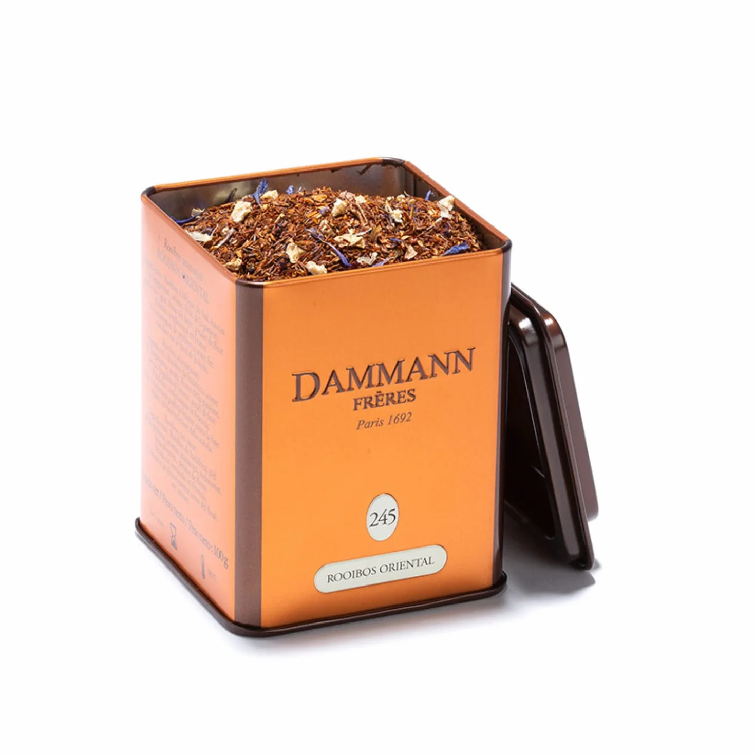 Bracia Dammann | Aromi Orientali Rooibos | Infuzja z Bergamotką i Owocem Pasji - 100 g | Czerwona Herbata z RPA Luzem | Bez Kofeiny w Puszce