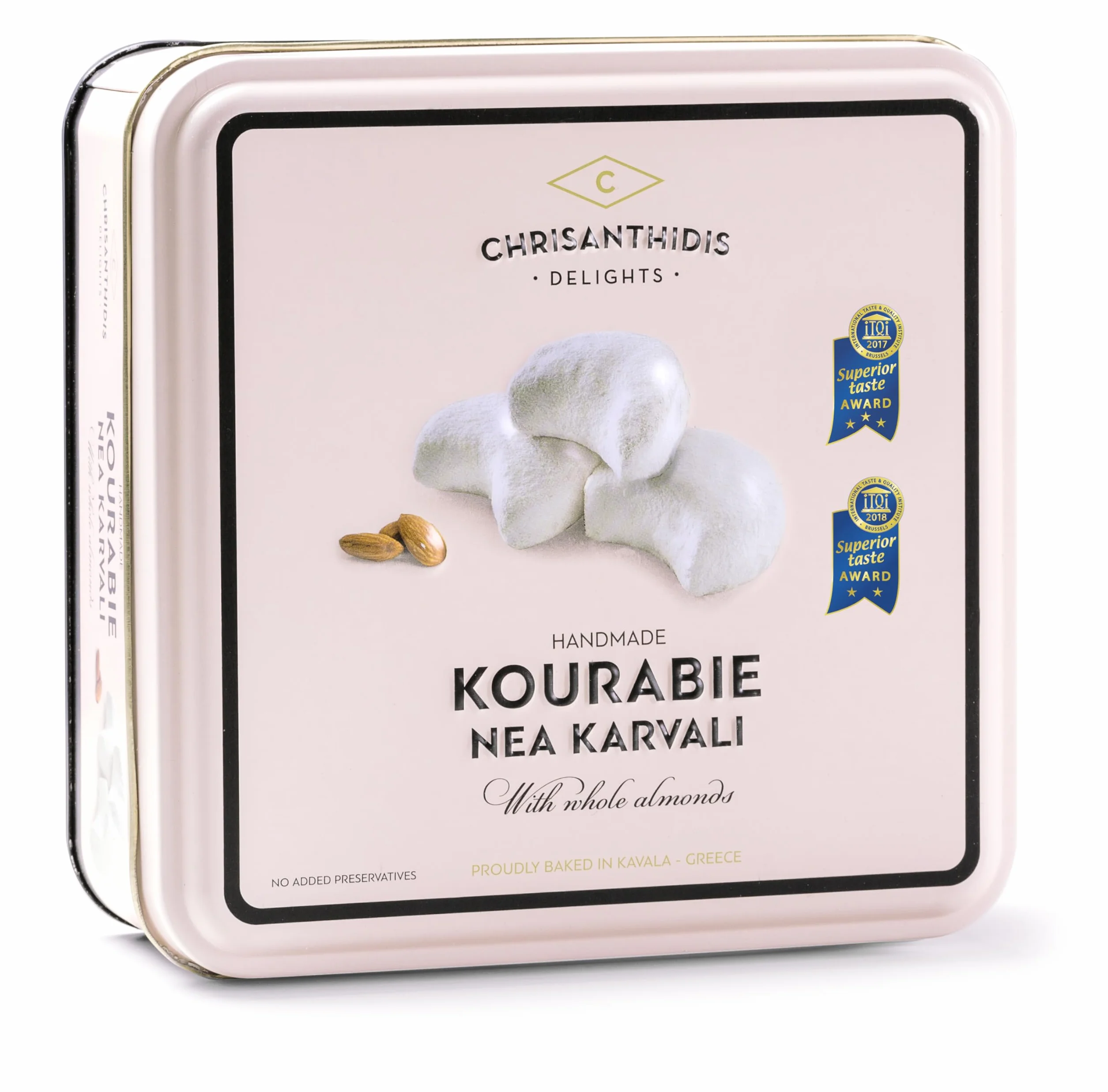 Chrisanthidis Delights tradycyjne greckie kruche Kourabie z migdałami w metalowym pudełku 450 g