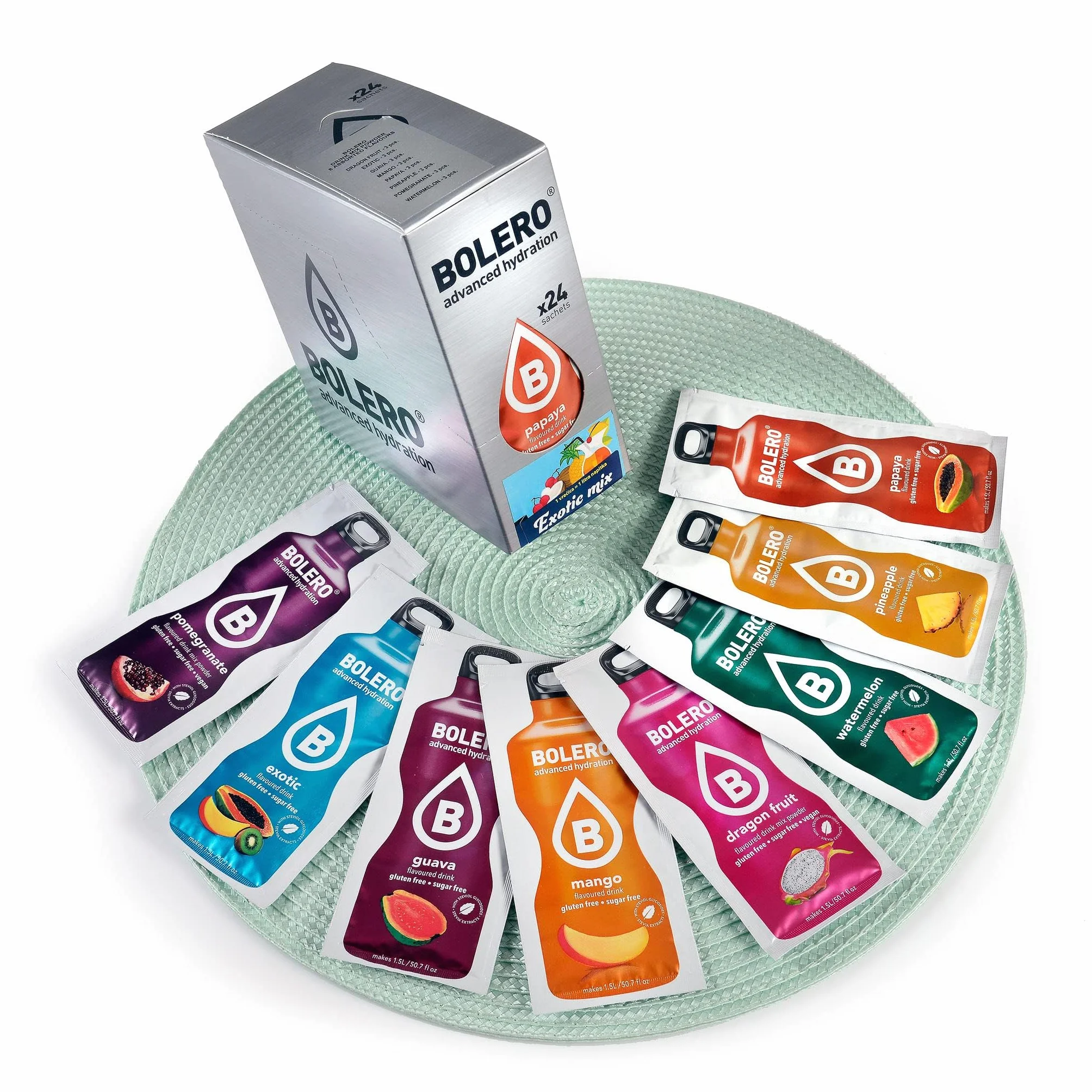 Bolero Drinks Exotic Mix 24x9g | Orzeźwiający napój w proszku bez cukru słodzony stewią | Witamina C | odpowiedni dla diabetyków | smaki różnych egzotycznych owoców