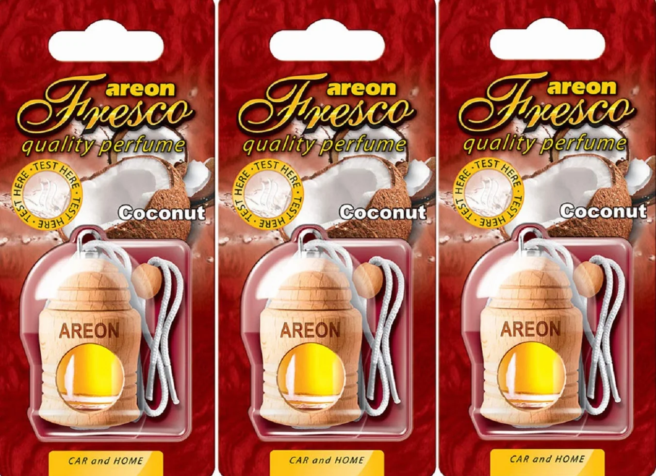 AREON Fresco zapach do samochodu, orzech kokosowy, białe szkło, flakon zapachowy, flakon drewniany, zestaw wiszących zawieszek, lustro kokosowe, 4 ml (3 sztuki)