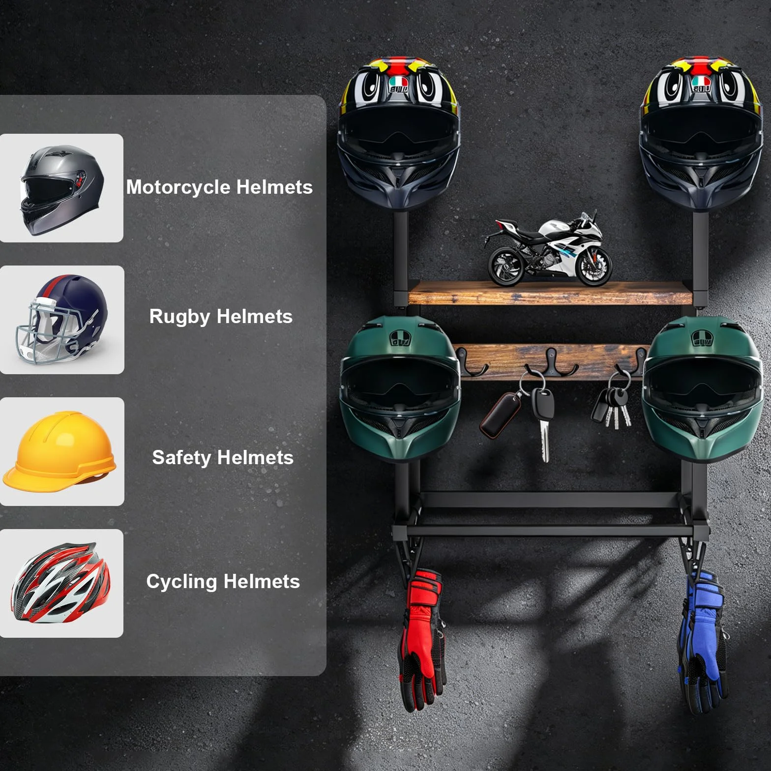 Uchwyt na kask, uchwyt ścienny, stojak na kask motocyklowy, stojak na płytę, organizer z 1 drewnianą deską, 4 stojakami na kask i hakami do motocykla, piłki nożnej, sprzętu rowerowego