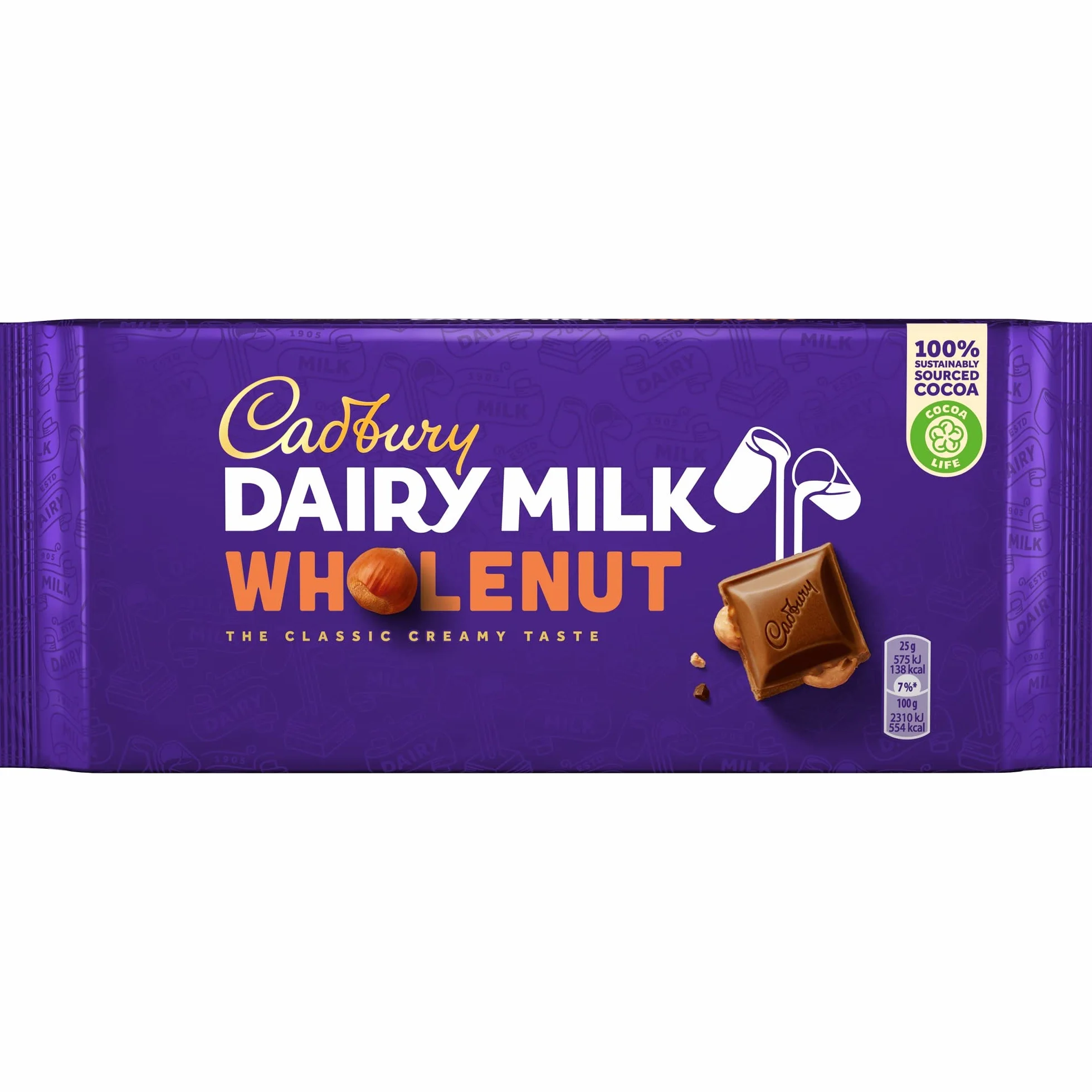 Cadbury Cała czekolada Dairy Milk – kremowa czekolada mleczna z całymi kawałkami orzecha laskowego, 180 g