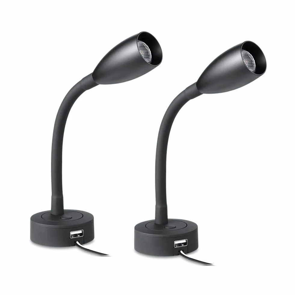 2 x lampa do czytania 12 V LED elastyczna szyja łabędzia regulowana jasność lampa ścienna 3200 K 24 V do samochodu kempingowego, przyczepa, lampka nocna, z ładowarką USB i ściemniaczem