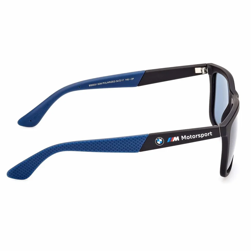 BWM M Motorsport BS0031 męskie okulary przeciwsłoneczne, lekkie okulary przeciwsłoneczne, prostokątne soczewki, niebieskie szkło polaryzacyjne, matowe czarne, czarny, 54
