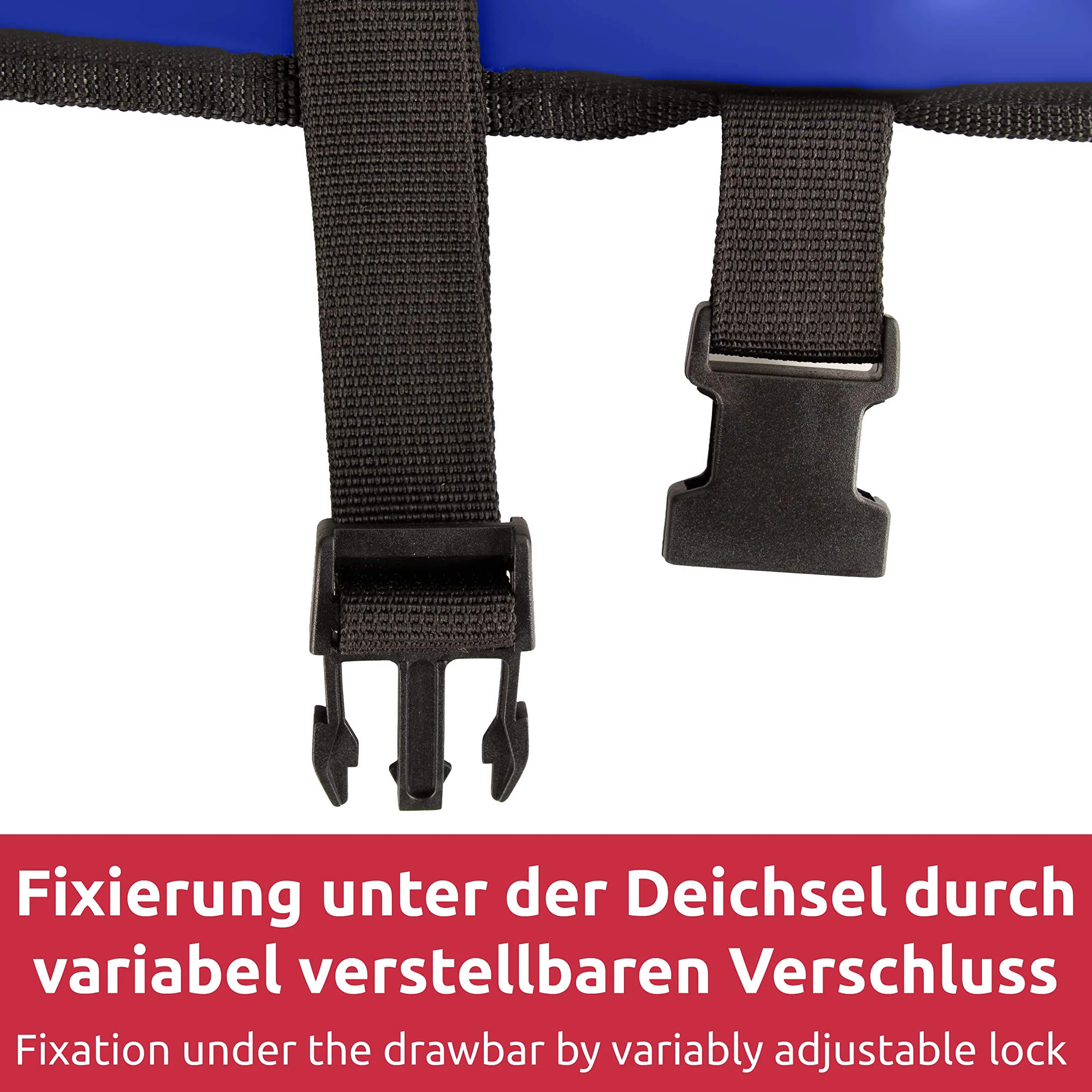 BUSHBOCK® Osłona na dyszel premium z materiału Oxford 600D z powłoką PU i reflektorami. Uniwersalna osłona dyszla - również do przyczep kempingowych/przyczep ze sprzęgłem zapobiegającym i zamkiem skrzynkowym (niebieska)