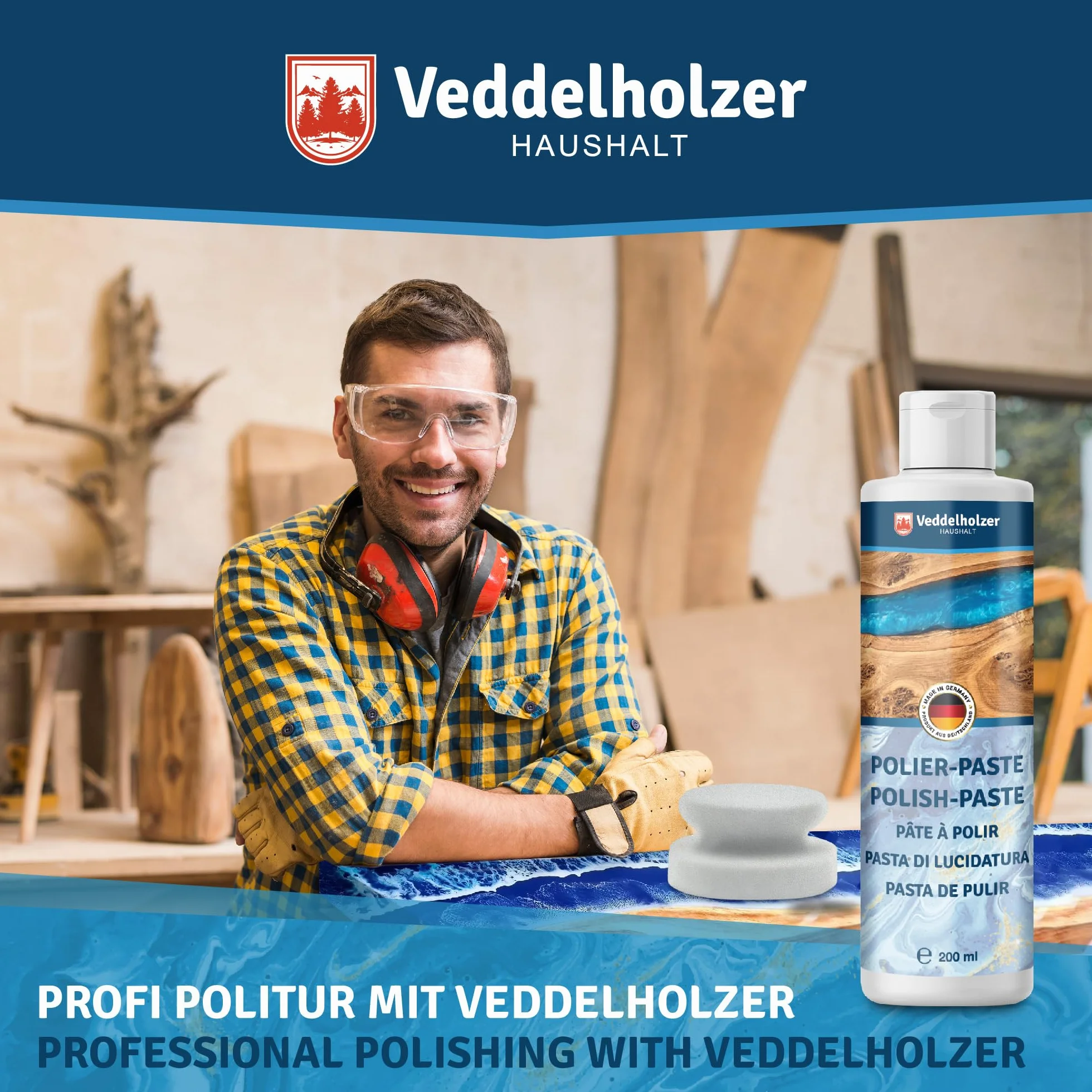 Veddelholzer Profesjonalna pasta polerska 200 ml + gąbka do polerowania do mebli i stołów z żywicy epoksydowej, szkła akrylowego, poliestru, żelokatu oraz tworzyw sztucznych wzmocnionych włóknem