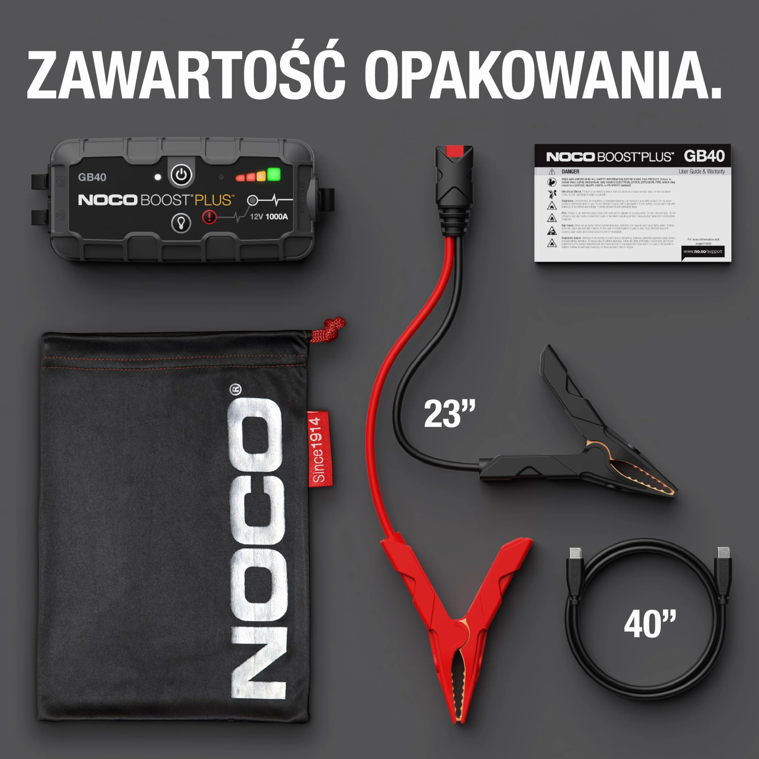 NOCO Boost Plus GB40 1000A 12V UltraSafe litowy urządzenie rozruchowe, booster do akumulatora I kable rozruchowe do 6,0-litrowych silników benzynowych i 3,0-litrowych silników wysokoprężnych