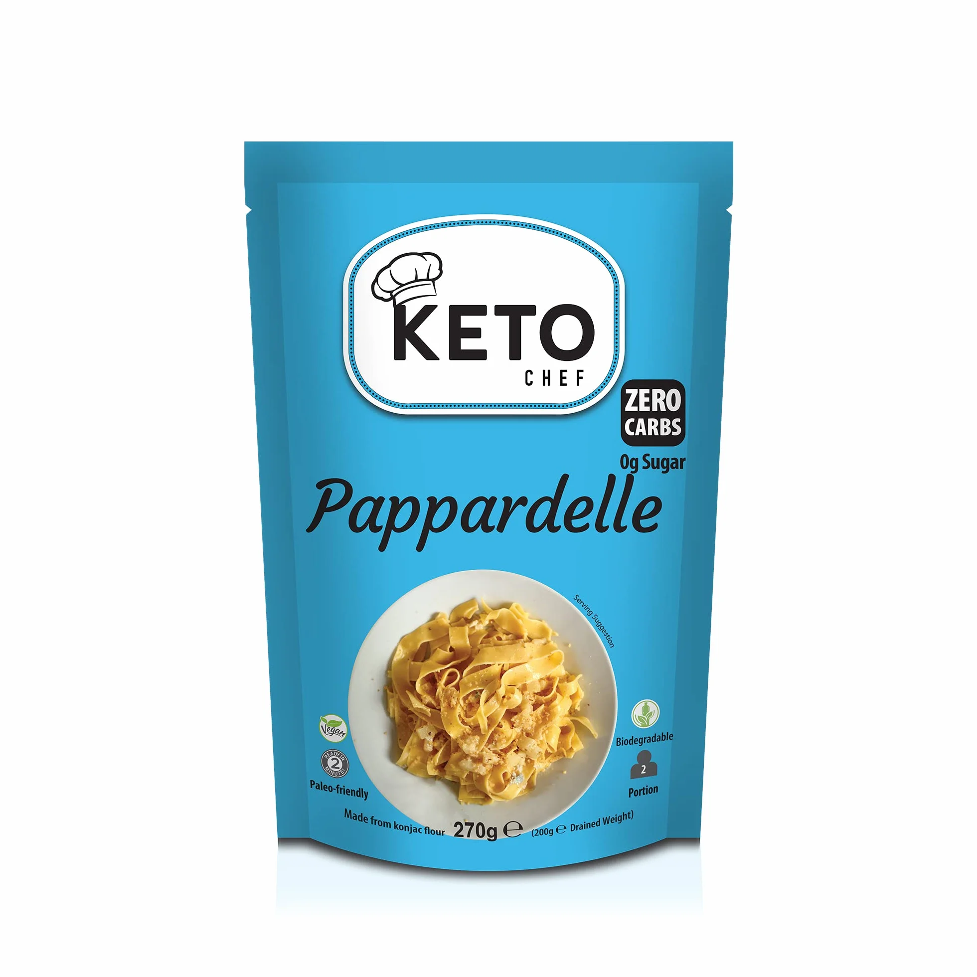 Keto Chef Konjac Pappardelle Pasta (1 x 270 g) makaron instant z włókna owsianego Shirataki, niskowęglowodanowy, bezglutenowy i bez cukru, wegański, gotowy do spożycia alternatywa, przyjazny dla diety