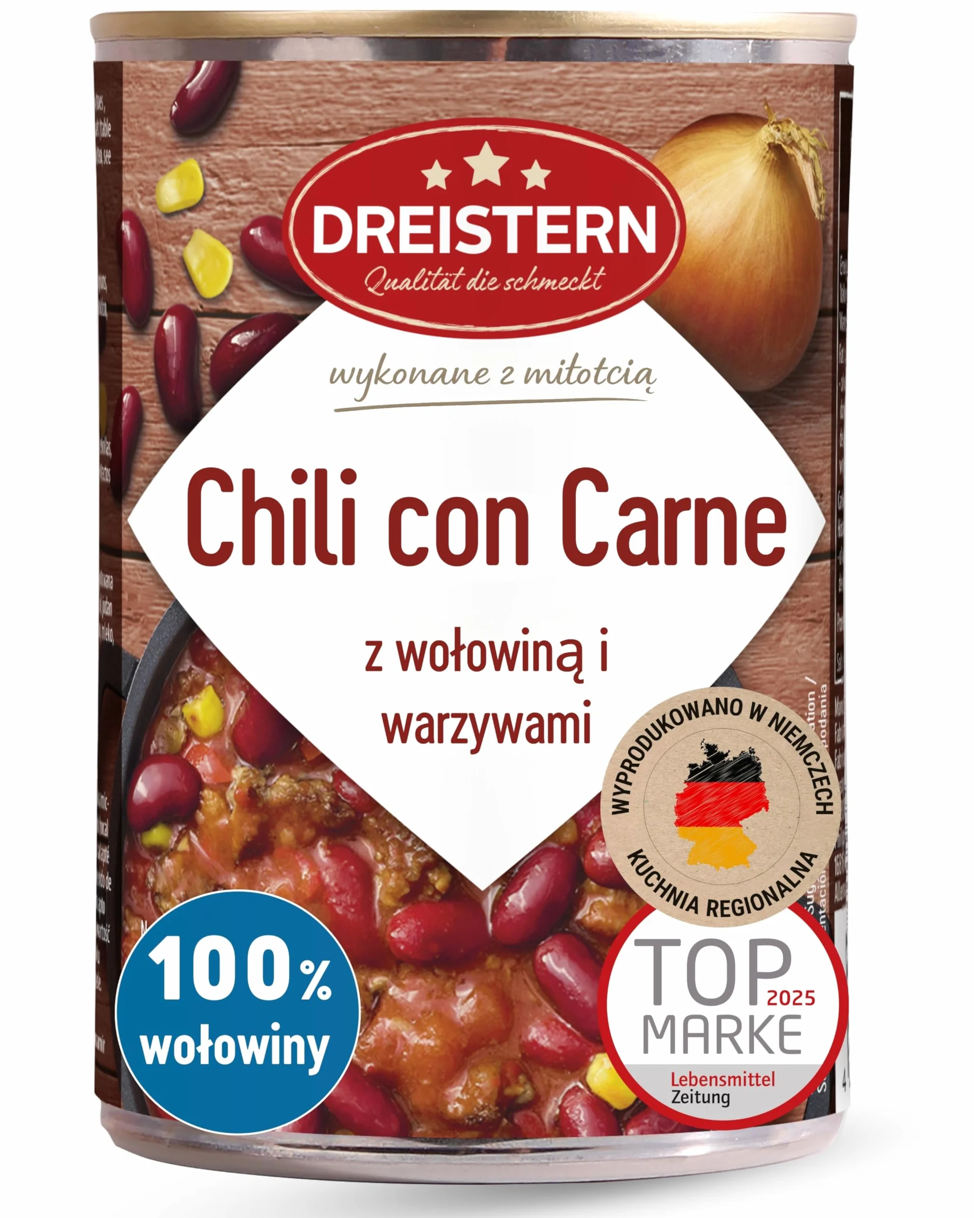 DREISTERN Chili con Carne z Wołowiną i Warzywami, Gotowy Posiłek, Chili w Blaszanym Pudełku, Jakość, Która Dobrze Smakuje