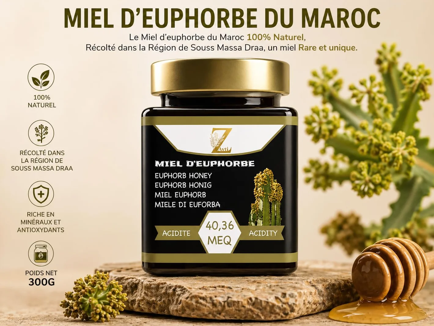 100% naturalny marokański miód wilczomlecz, zbierany w regionie Souss Massa Draa, rzadki i wyjątkowy miód 300g słoik