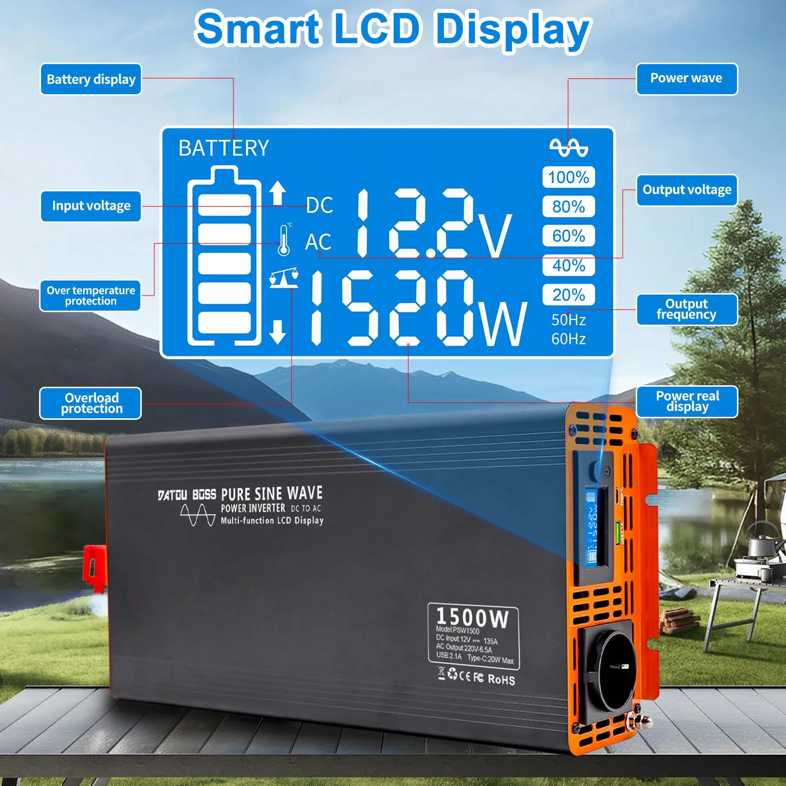 DATOUBOSS Falownik Czysty Sinus 1500W DC 12V na AC 230V Przetwornica Napięcia, z ekranem LCD & Pilotem Zdalnego Sterowania USB & Type-c pilot &1 x Gniazda AC do Przyczep Kempingowych