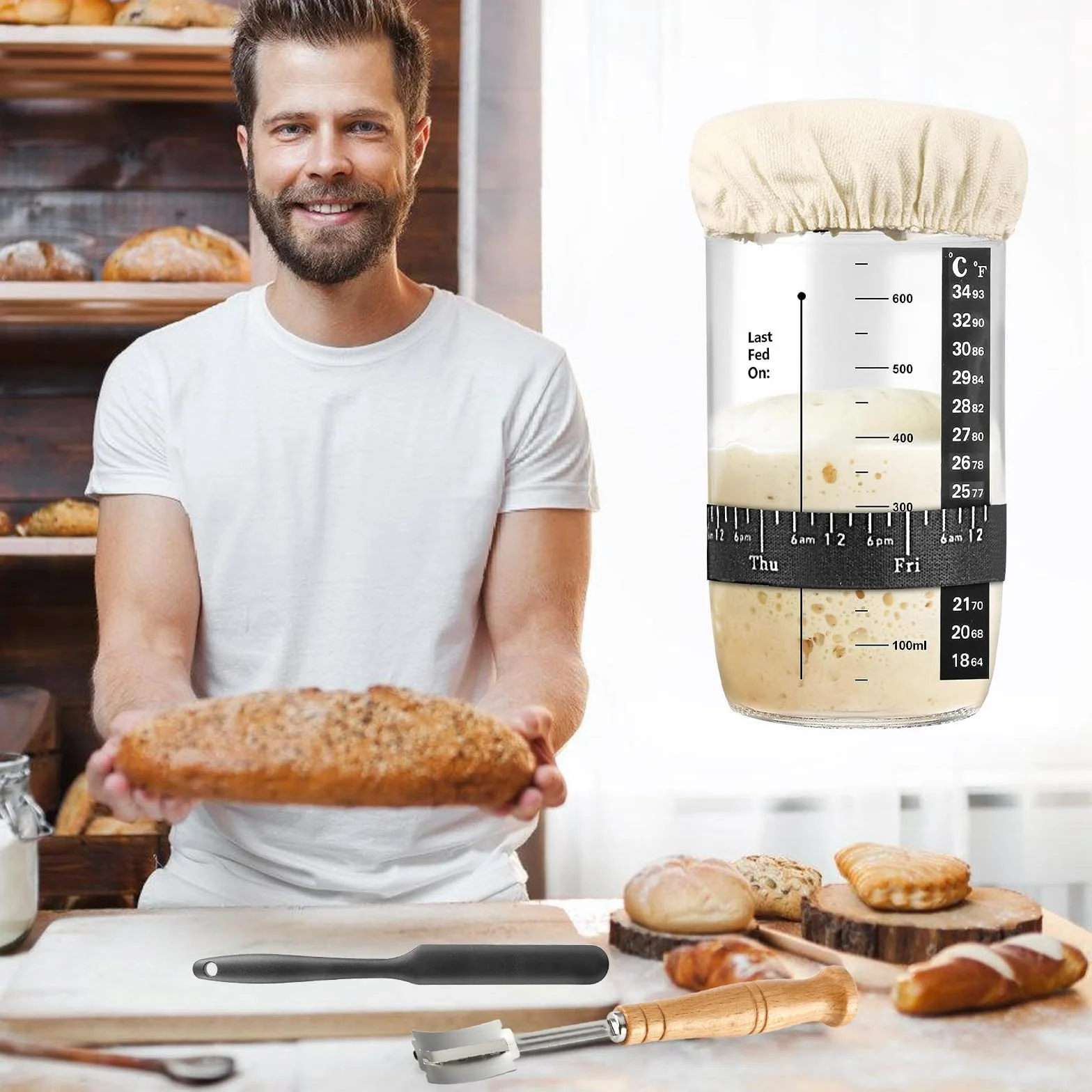 Sourdough zestaw startowy 24 oz Sourdough Starter Jar z termometrem, taśma do karmienia z datą, pokrywa i metalowa pokrywka, szpatułka, zestaw startowy do pieczenia