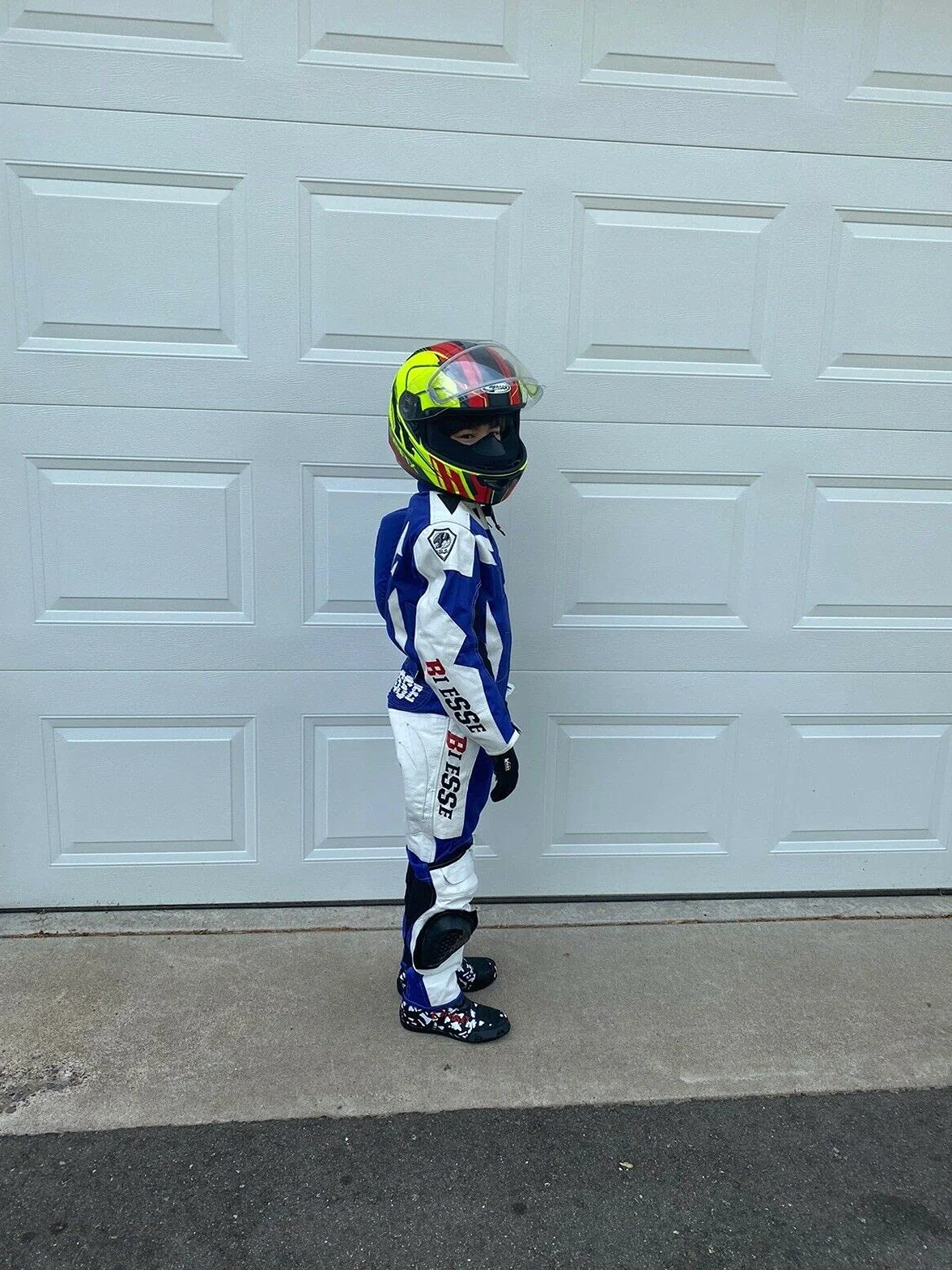 BI ESSE - Profesjonalny kombinezon dziecięcy mini motocyklowy ze skóry i Cordury z ochraniaczami CE (niebieski/biały, XL (10–11 lat), Niebieski/biały, XL (10-11 ans)