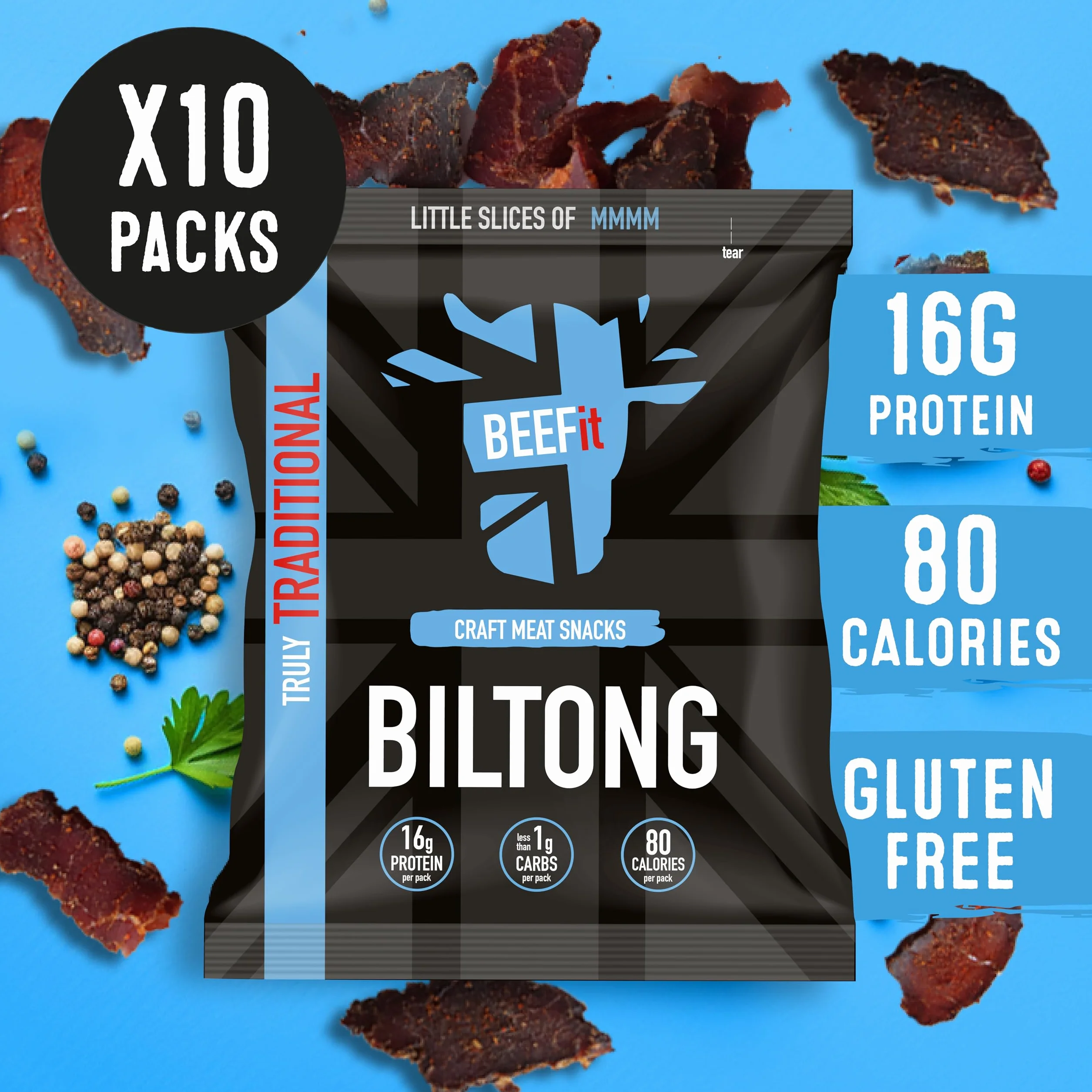 BEEFit Biltong Beef Jerky, przekąska proteinowa, niskowęglowodanowe, niskokaloryczne przekąski, 100% wołowina, biltong bezglutenowy, zdrowa przekąska keto w podróży – tradycyjna suszona mięso, duże