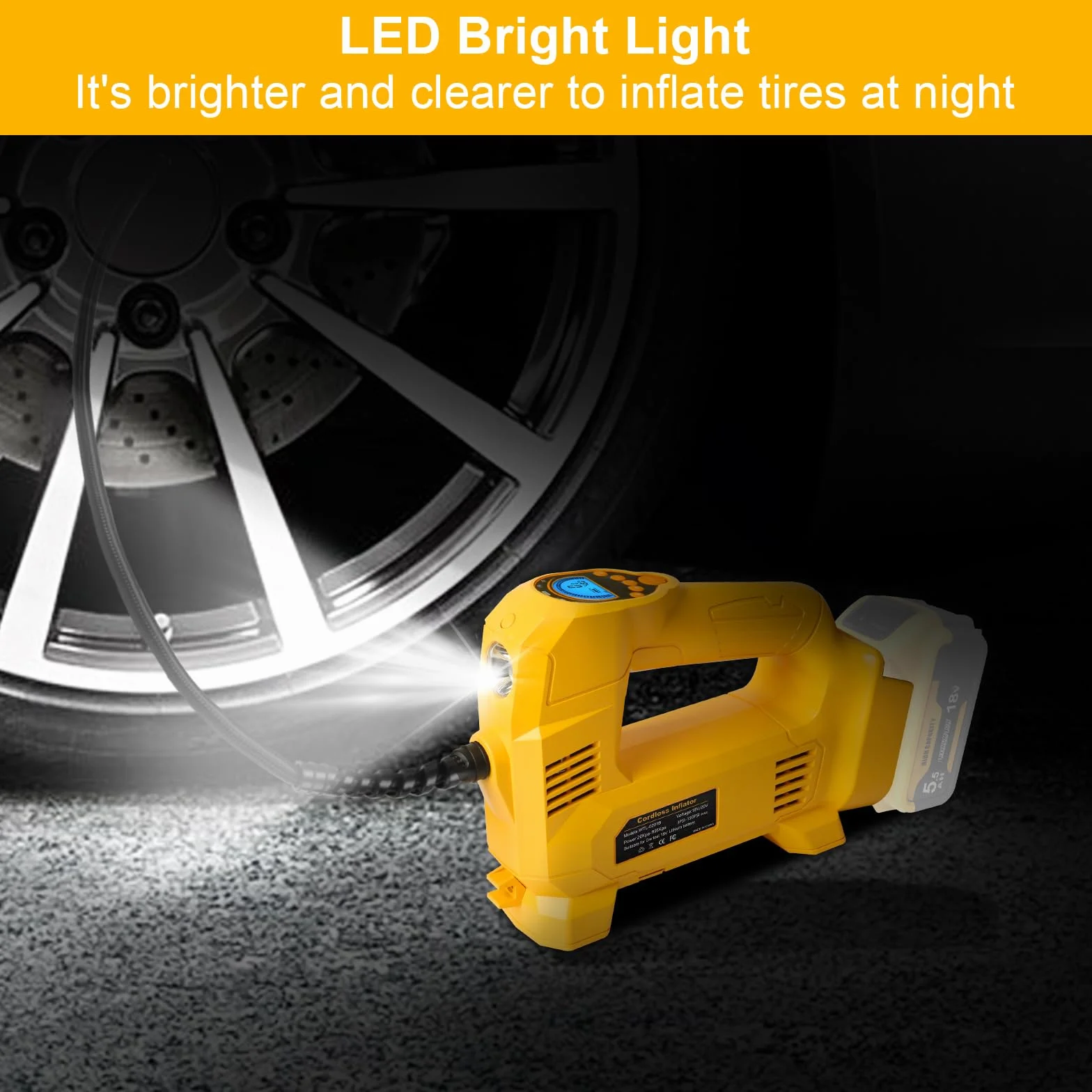 QUPERR bezprzewodowy kompresor kompatybilny z akumulatorem Dewalt 18V, do 10,34 bar, z LED i auto-stop, przenośna pompka do auta, motocykla, roweru i piłek (bez akumulatora)