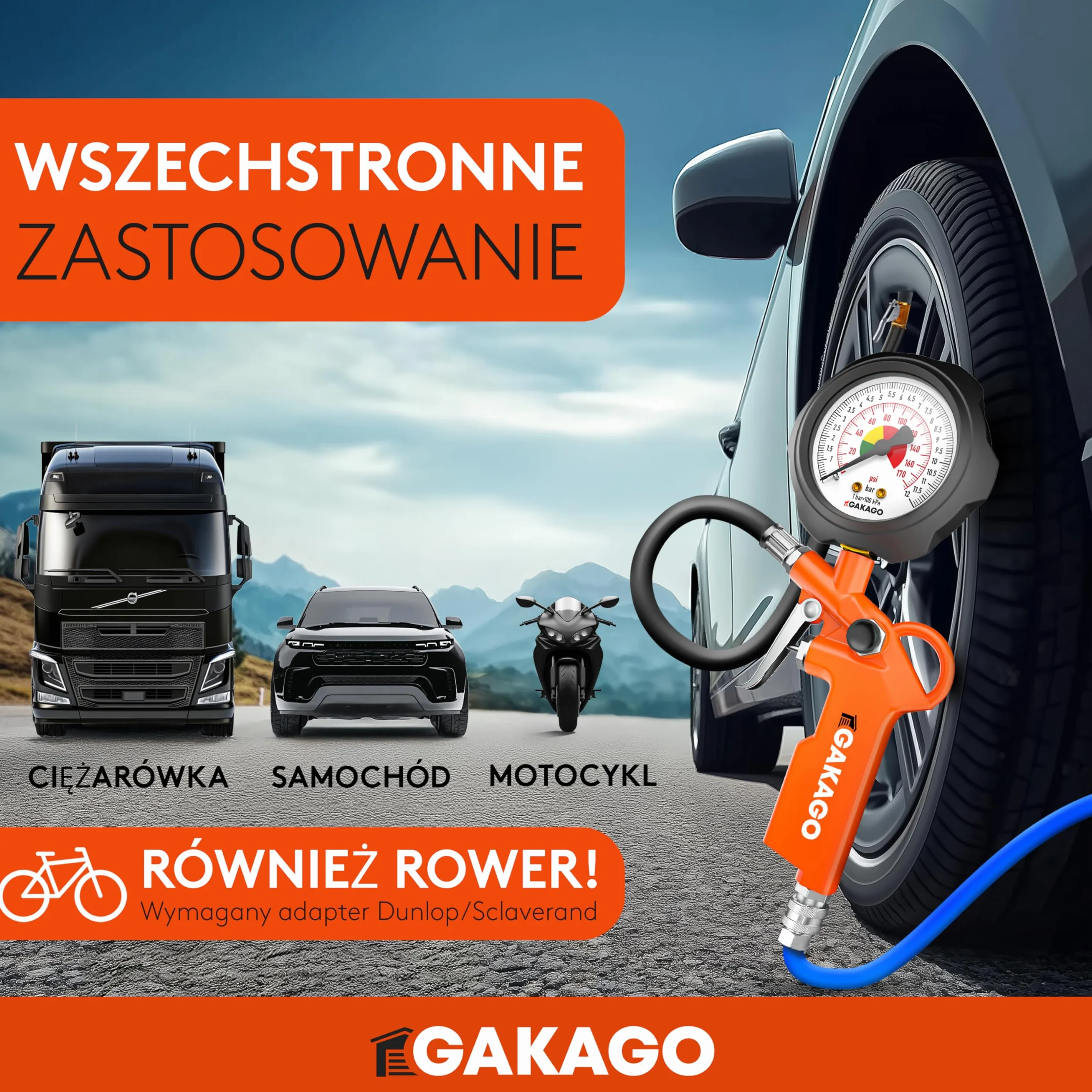 Gakago Pompka do opon - Precyzyjna pompka do opon z wysokiej jakości manometrem 0-12 barów - Bardzo długi 45-centymetrowy wąż do pompowania opon - Wszechstronny manometr