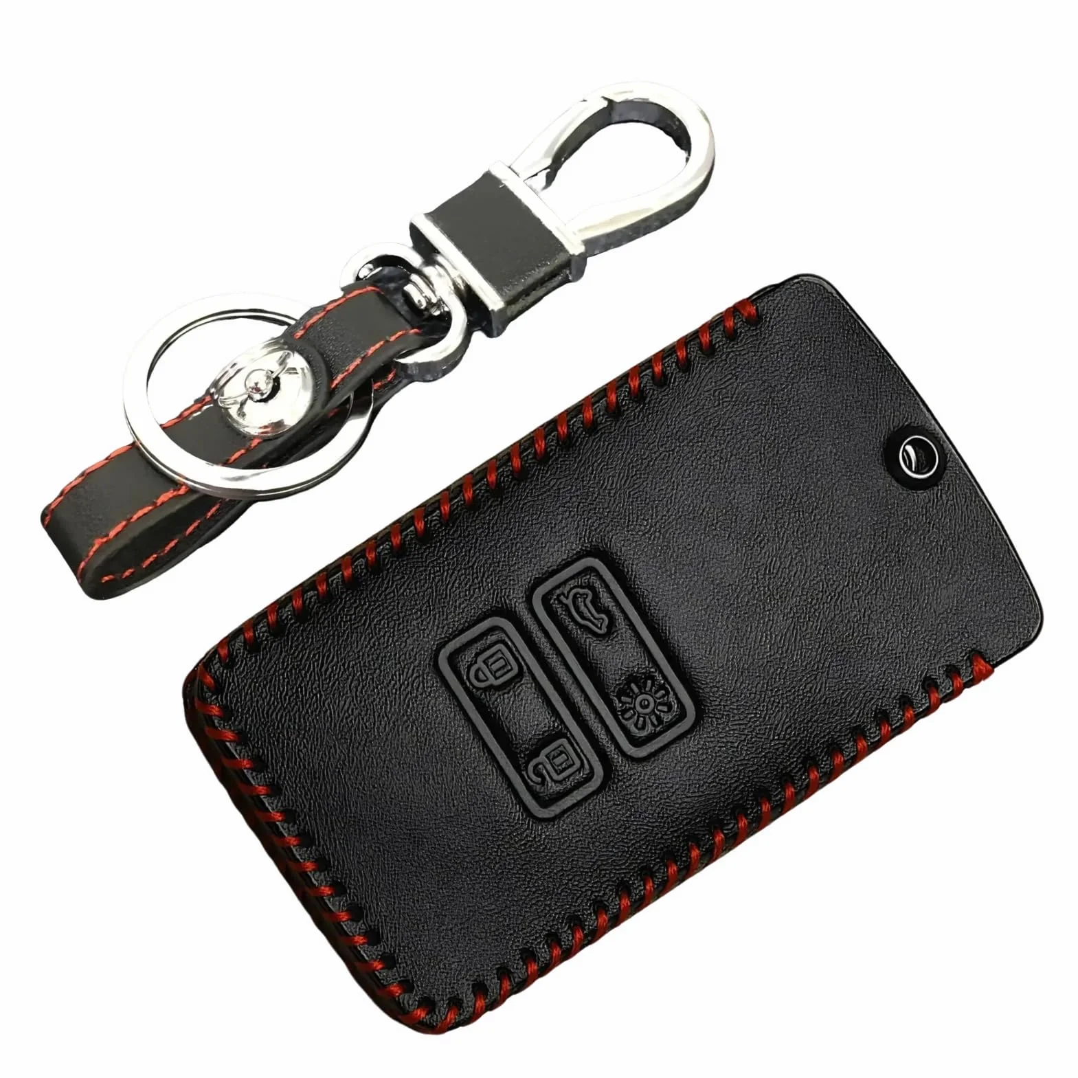 Skórzane etui ochronne na kluczyki samochodowe, kompatybilne z Renault Captur, Koleos, Kadjar, Arkana, Megane, Dacia RicarSandero - brelok ze stopu cynku, elegancki czarno-czerwony